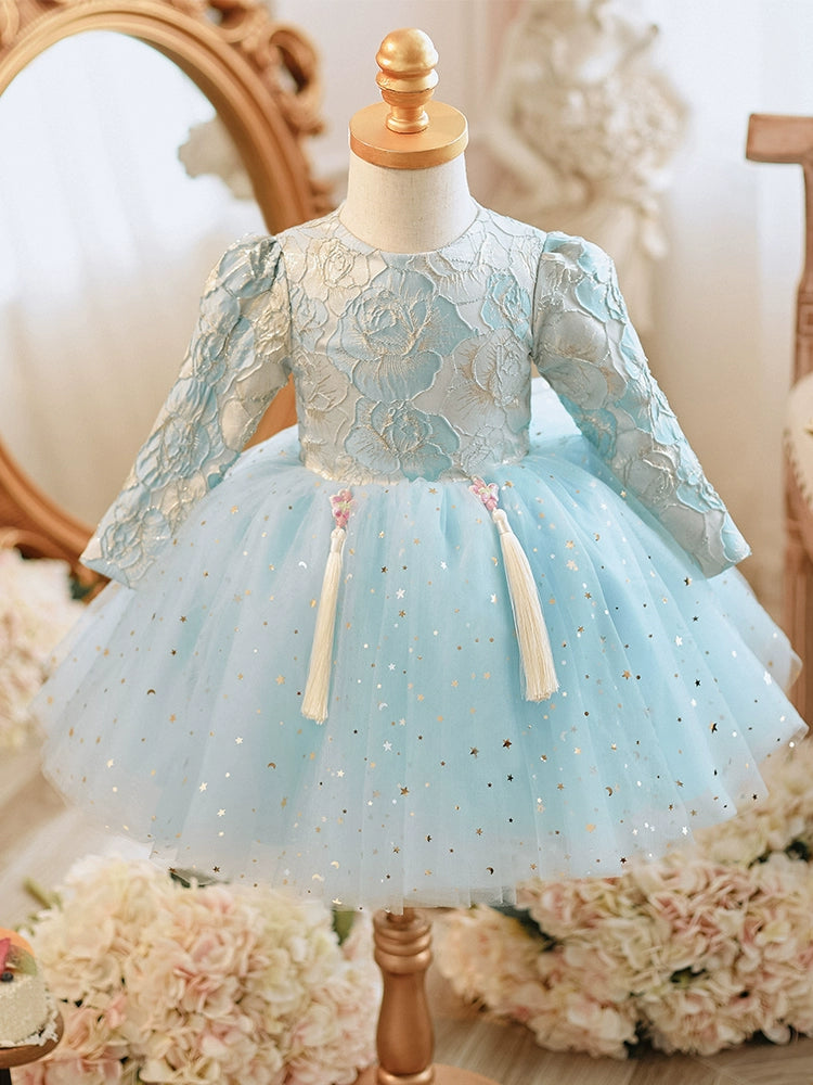 Blue Princess Round Tea Length Lace Flower Girl Dress for Weddings, Baptisms & Special Occasions