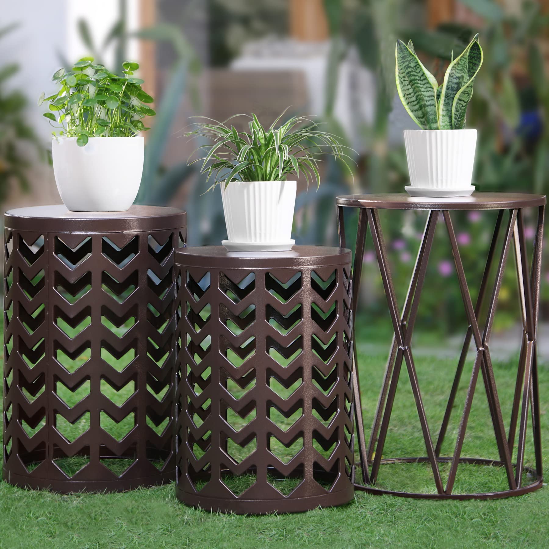Y&M Set of 3 Round Heavy-Duty Side Tables - End Tables, Coffee Tables for Indoor & Outdoor Use - Decorative Garden Stool, Plant Stand - Pure Brown (US Shipping) - Perfect for Living Room, Patio, and Balcony Decor