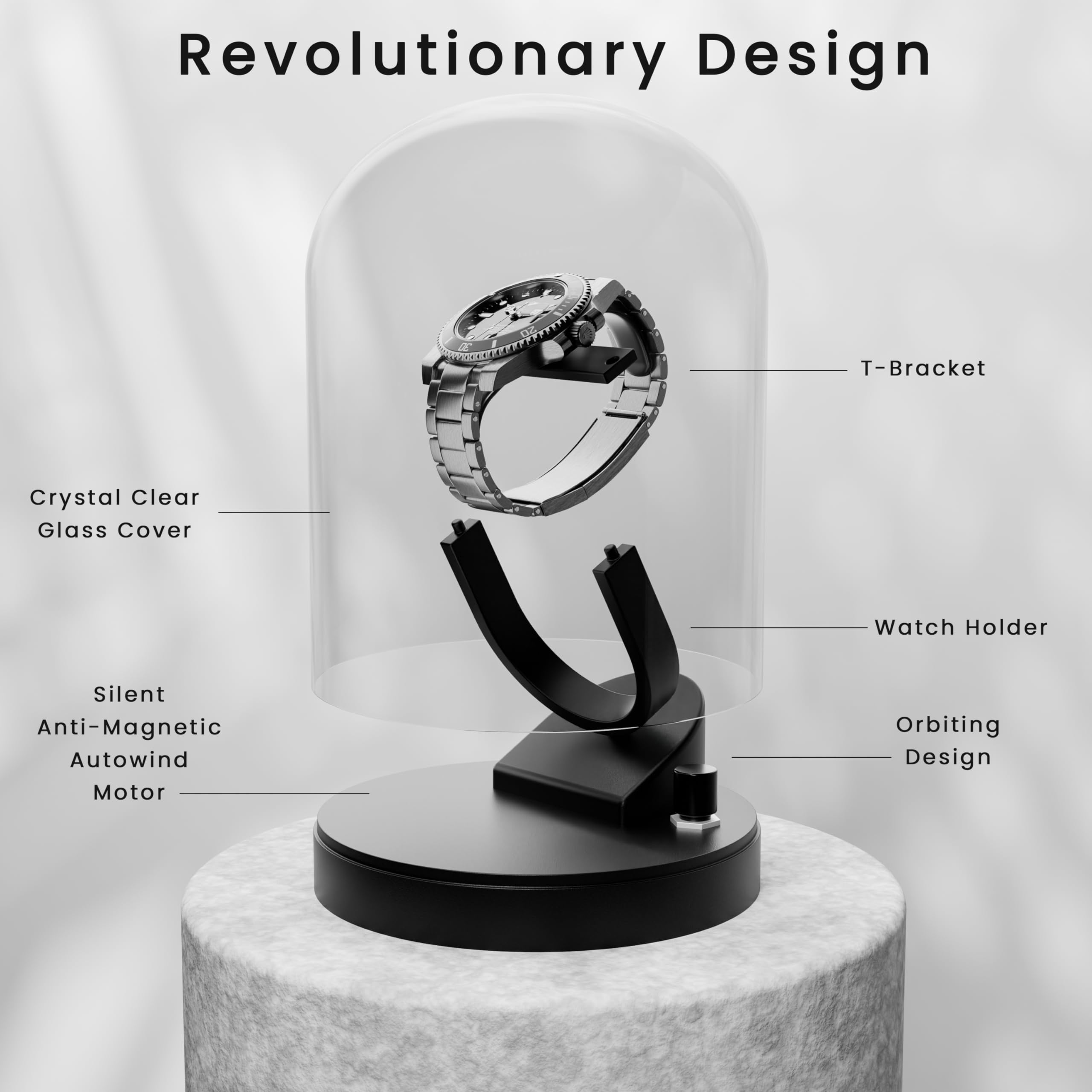 Elestoria Orbit Single Watch Winder - Automatic & Mechanical Watch Winder Box with Gyro Gyroscope Technology for Rolex & Luxury Watches | Clear Transparent Display | Perfect for Watch Collectors & Nightstand Storage