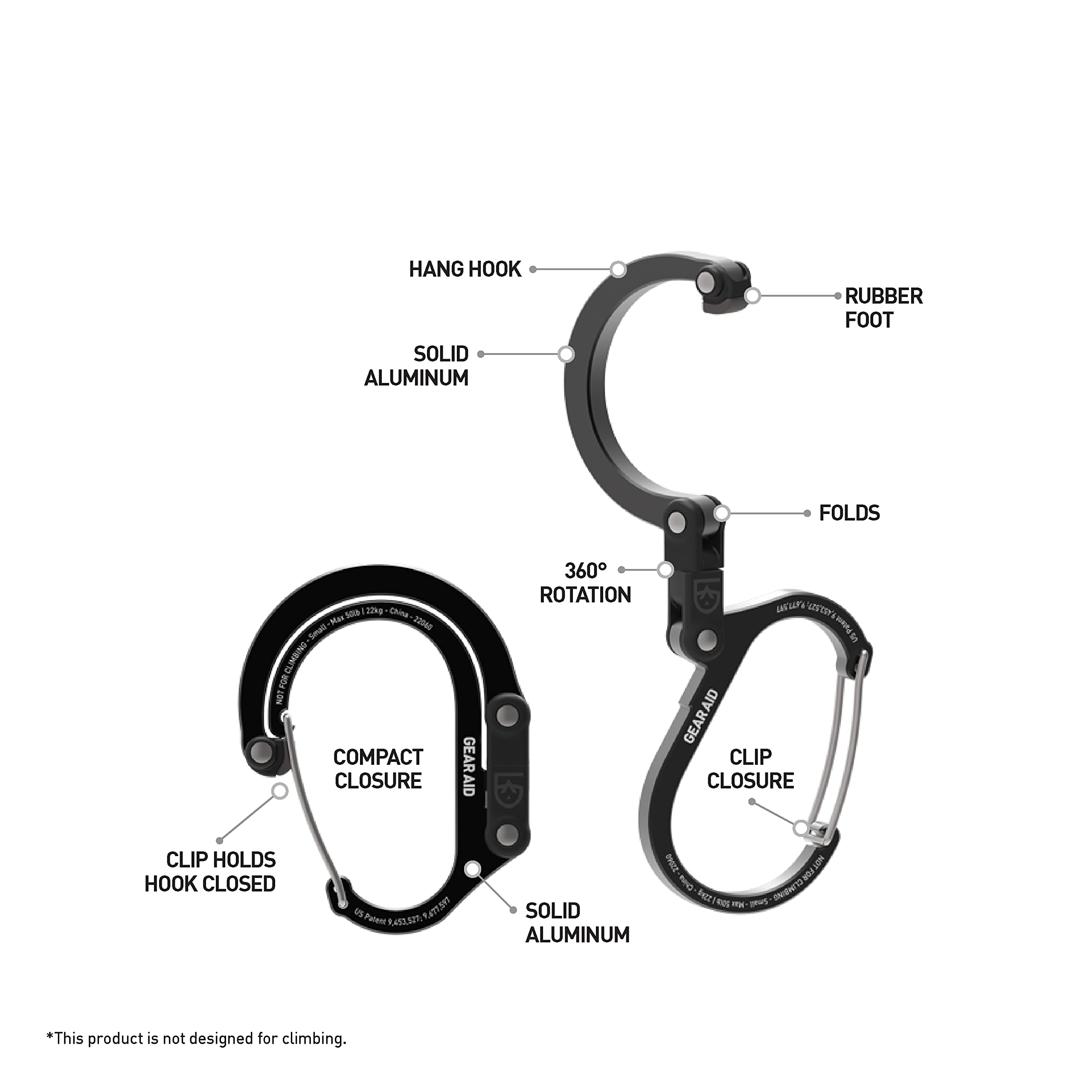 GEAR AID HEROCLIP (Small) - Heavy Duty Carabiner Clip & Multi-Purpose Hook for Bags, Purses, Camping Gear, Tools & Outdoor Accessories - Perfect for Hiking, Travel, Home & Office Organization