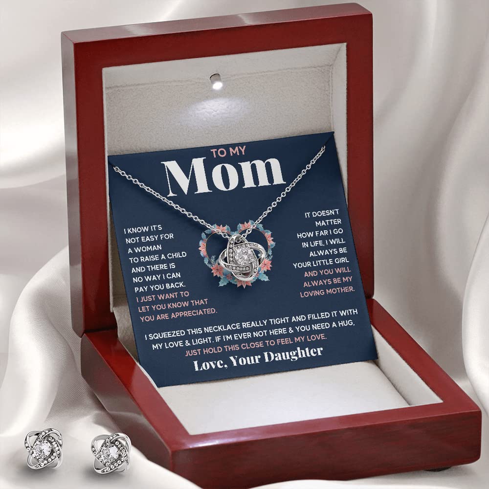 Mother Daughter Necklace Set - Heart Pendant Jewelry Gift for Mom Birthday, Christmas & Mother's Day - Engraved Message Card & LED Gift Box with Matching Earrings (Blue Little Girl Squeezed Charm) - Perfect for Mother-Daughter Bonding Moments & Special Occasions
