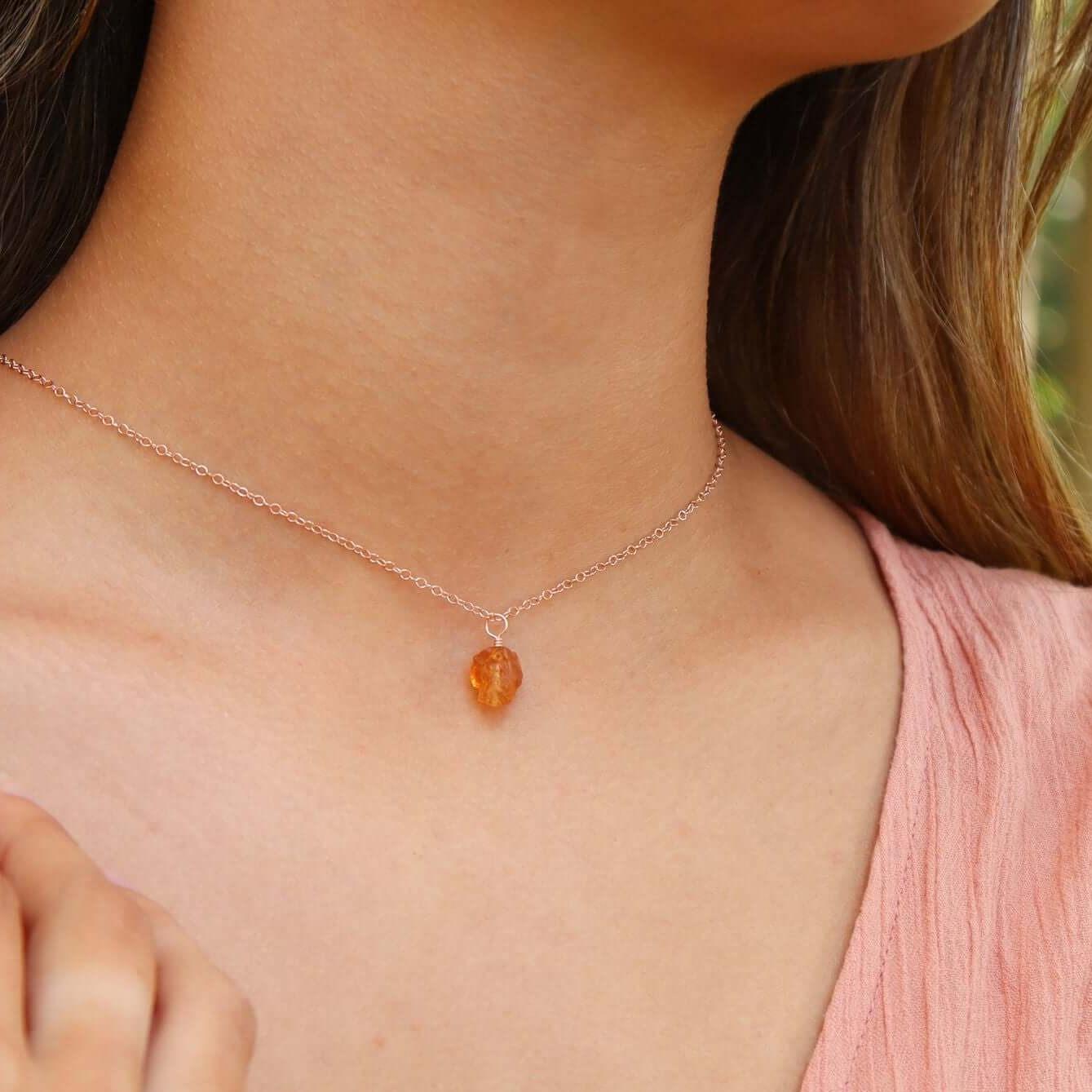 Natural Tiny Rough Citrine Gemstone Pendant Choker Necklace - Healing Crystal Jewelry for Women, Boho Style Layering Chain for Spiritual Energy & Positive Vibes