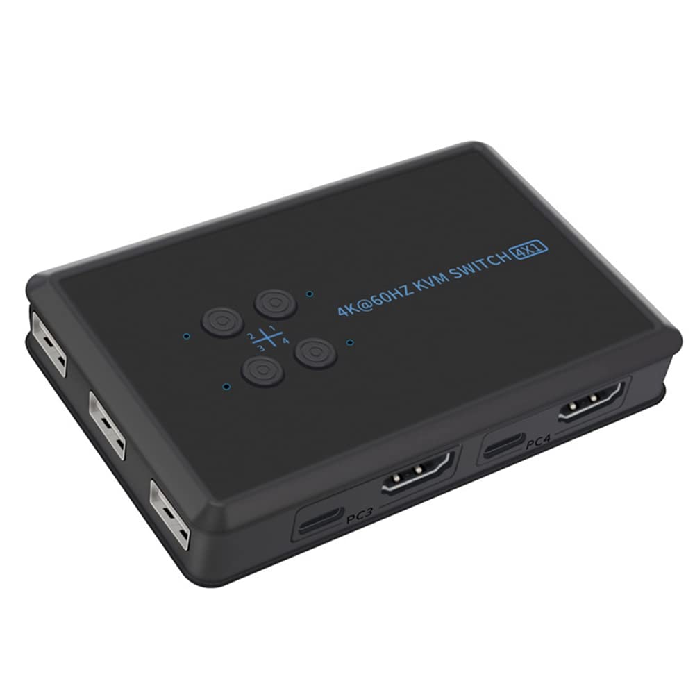 Wyerewel 4-Port KVM Switch 4 in 1 Out USB HDMI 4K@60Hz for Keyboard Mouse Printer Sharing with One-Button Switching - Perfect for Home Office, Gaming & Multi-Device Workspaces