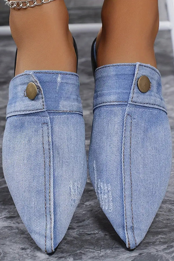Women's Casual Flat Pointed Toe Denim Slippers - Comfortable House Shoes for Indoor/Outdoor Wear, Perfect for Lounging, Errands & Coffee Dates