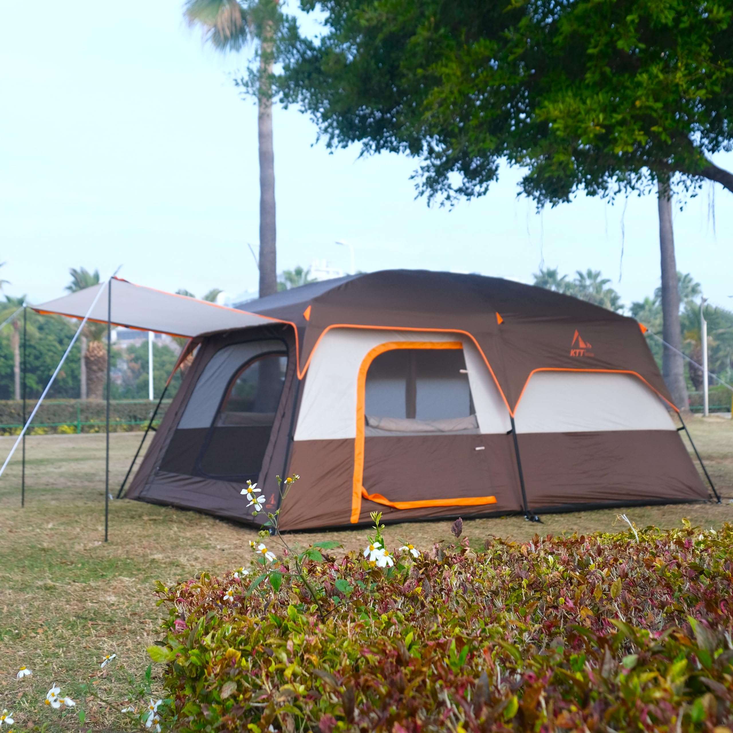 KTT Extra Large Family Cabin Tent for 10-12-14 People - 2 Rooms, 3 Doors & 3 Windows with Mesh, Straight Wall Design, Waterproof Double Layer - Perfect for Camping, Picnics, Outdoor Adventures & Family Gatherings