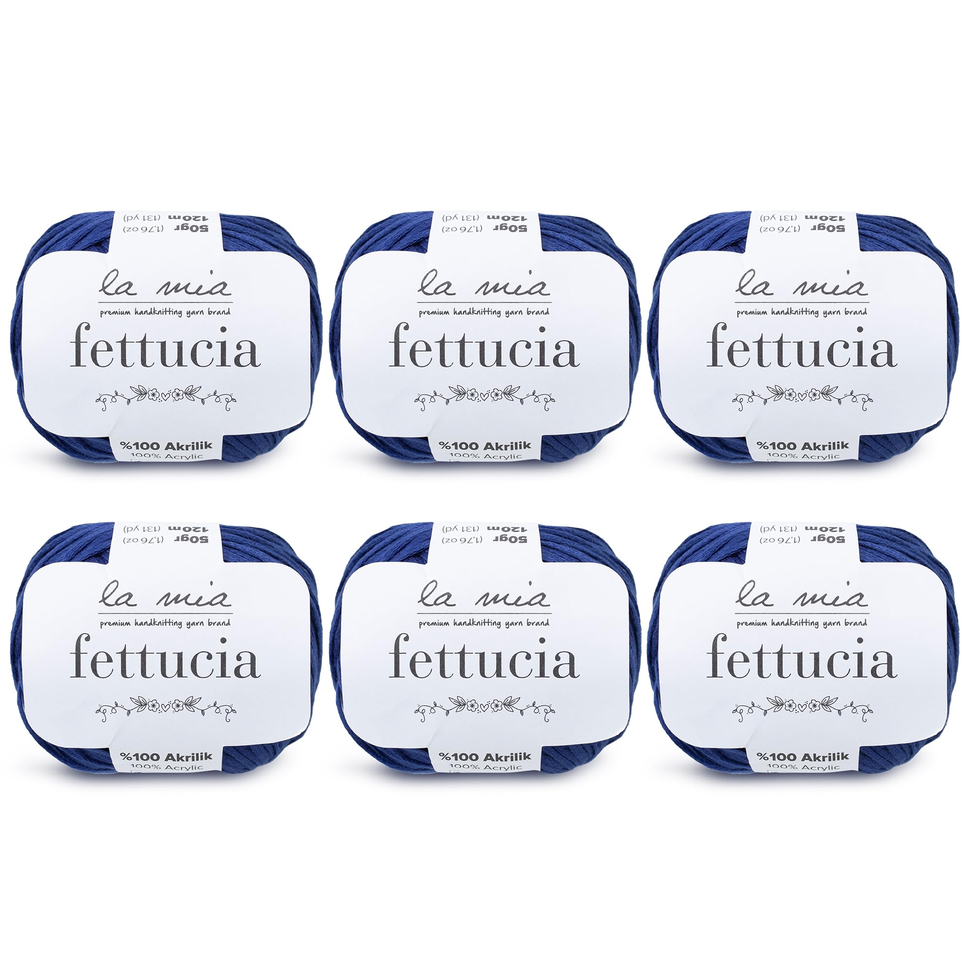 6-Pack La Mia Fettucia Chainette Tape Yarn - 100% Acrylic, 10.5oz Total (1.76oz/50g Each), 131 Yards (120m) per Ball, Light DK Weight, Navy Blue (L023) - Perfect for Knitting, Crocheting, and DIY Craft Projects