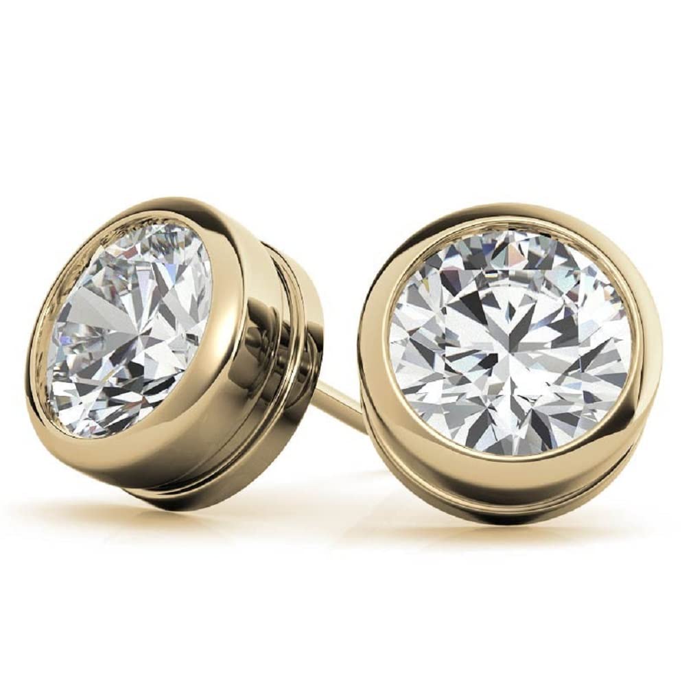 10K/14K/18K Solid Yellow Gold Handmade Stud Earrings with 2 TCW Round Cut Moissanite - Bezel Set Diamond Anniversary Earrings for Women - Perfect for Engagement, Bridal Gifts, Push/Screw Back (MDEAR014) - Ideal for Weddings, Anniversaries & Special Occasions