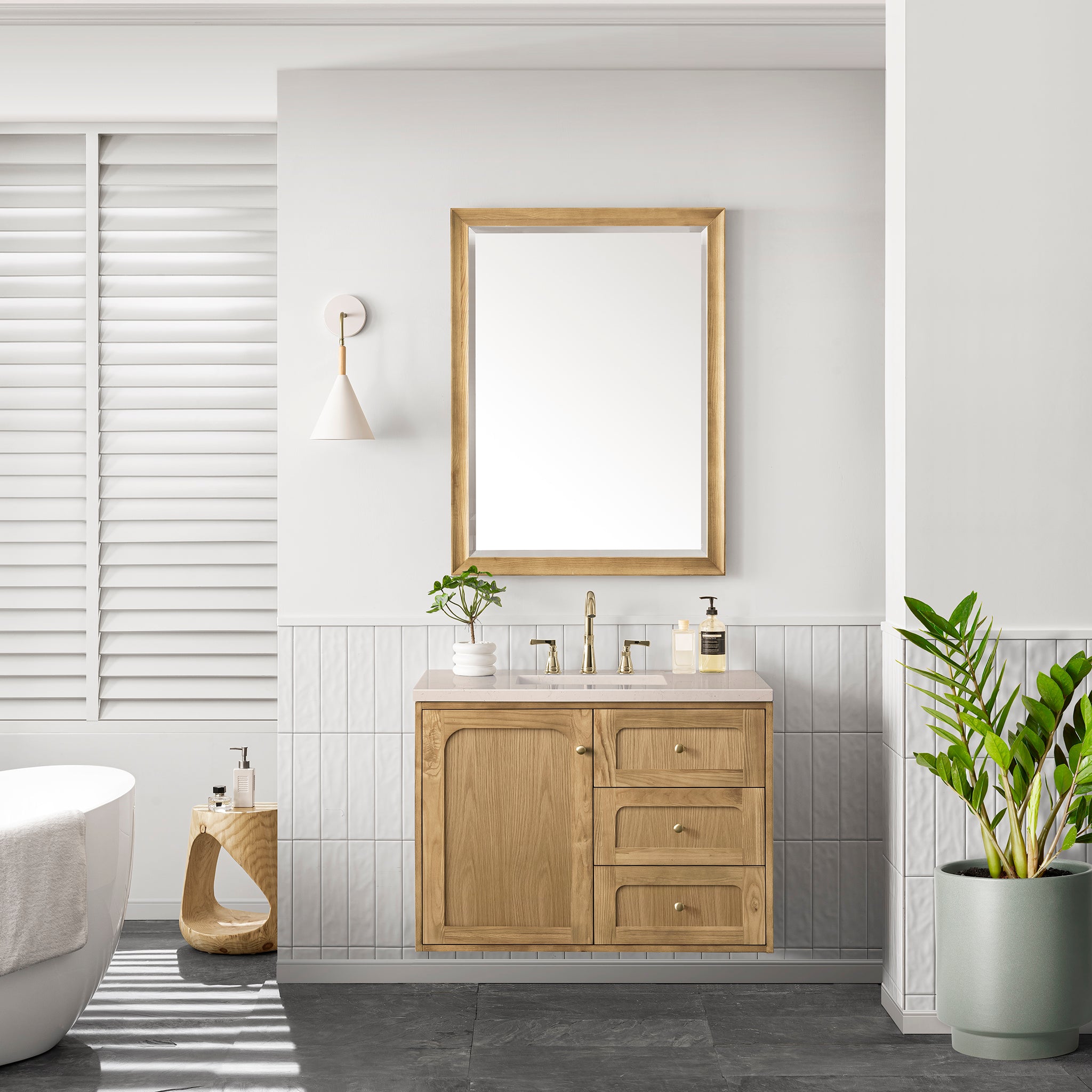 Laurent 36 Inch Single Bathroom Vanity with 3CM Eternal Marfil Top in Light Natural Oak - Perfect for Modern Bathroom Renovations and Small Space Designs