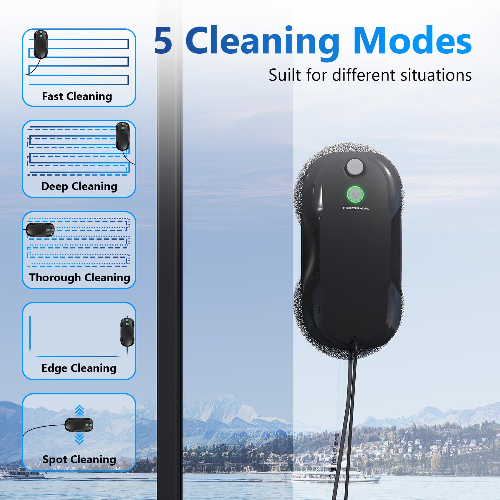 Tosima W5 Smart Window Cleaning Robot - Auto-Spray, Triple Safety System, Smart Navigation, Remote Control for Glass & Smooth Surfaces | Includes 8 Cleaning Pads (Black) | Perfect for High-Rise Windows, Skylights & Hard-to-Reach Glass Surfaces