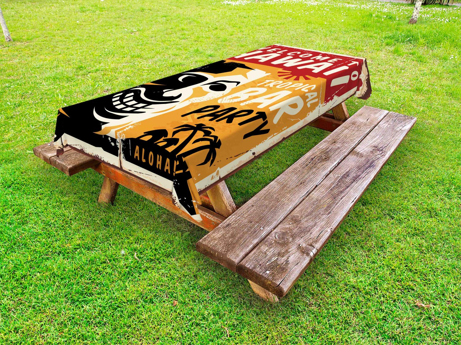 Ambesonne Tiki Bar Outdoor Tablecloth - Tropical Hawaiian Party Decor, Retro Grunge Signboard Art, Washable Picnic Table Cover 58