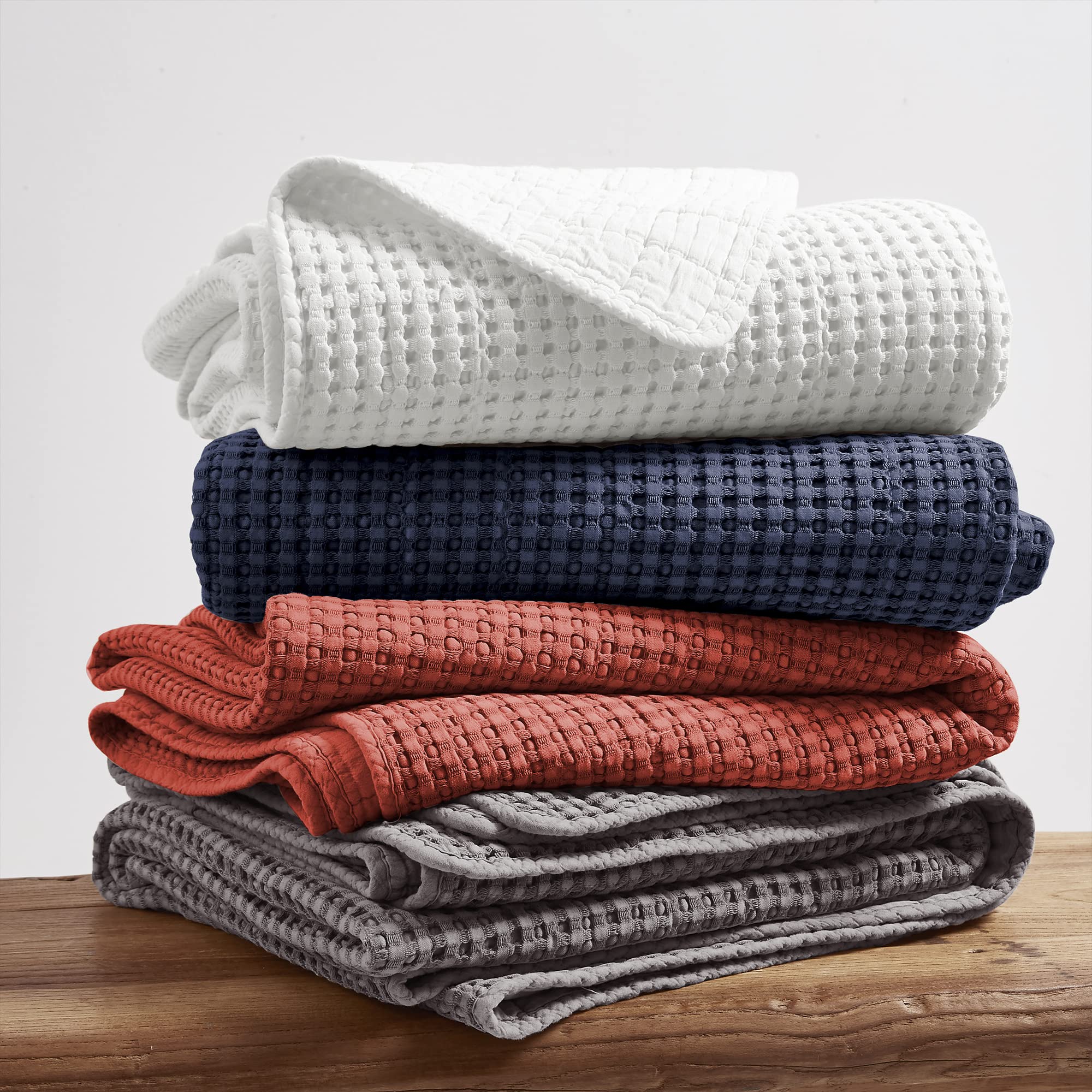 Levtex Home Mills Waffle Queen Quilted Bedspread Set - 100% Cotton Waffle Weave Bedding - Bright White (104