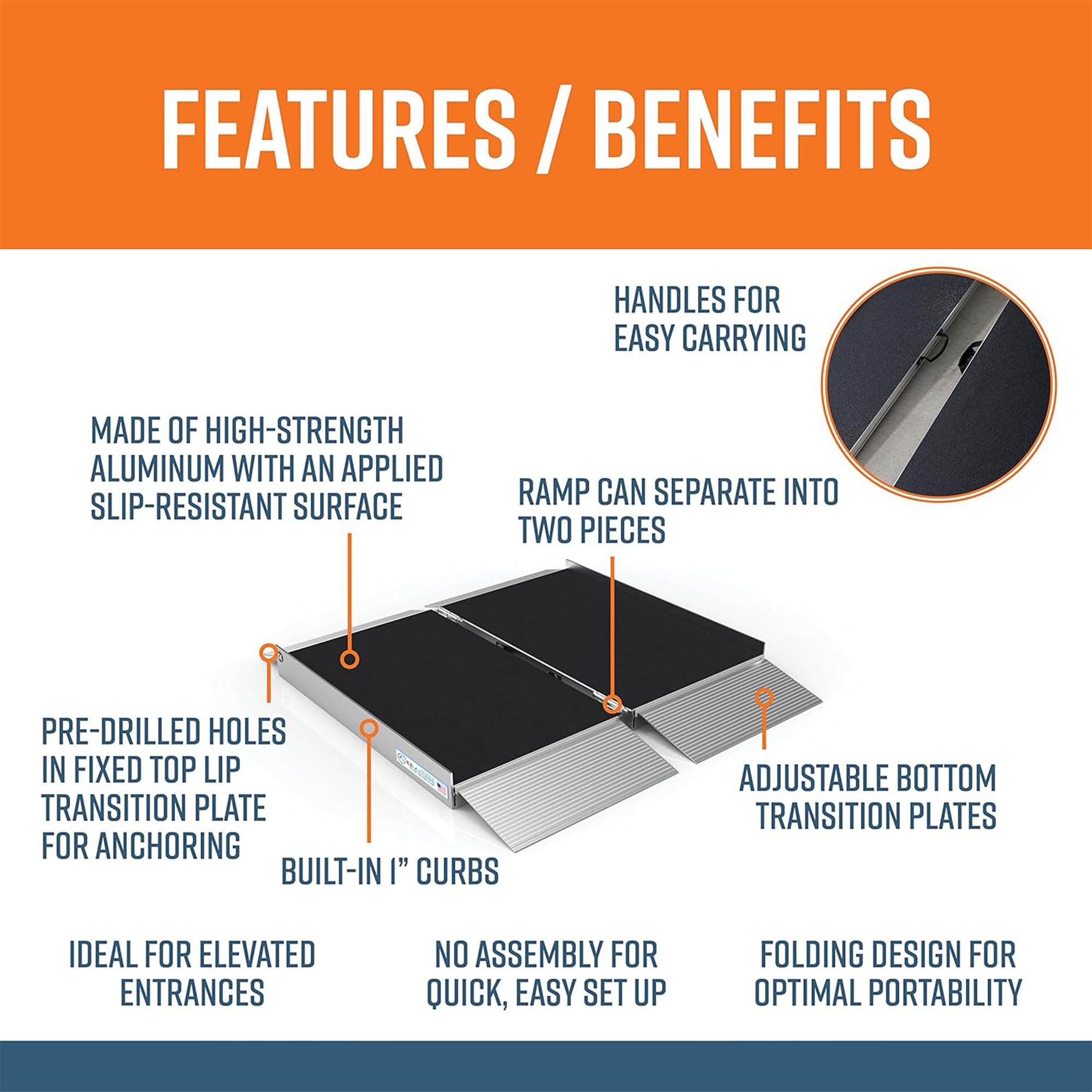 EZ-ACCESS 3 Ft Suitcase Singlefold Portable Ramp with Slip-Resistant Surface & Self-Adjusting Bottom Transition Plates - Lightweight Aluminum Wheelchair Ramp for Home, Vehicles, and Mobility Access