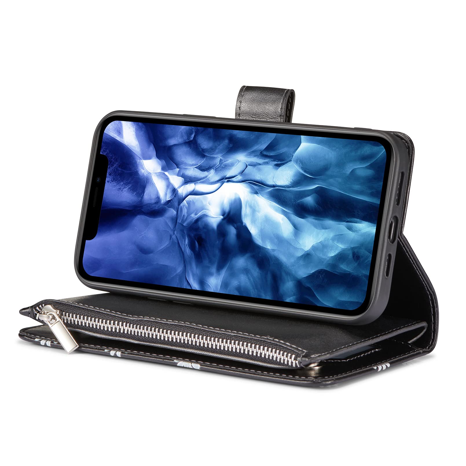 UEEBAI Premium PU Leather Wallet Case for iPhone 13 Pro Max - Magnetic Closure, Zipper Pocket, Kickstand & Card Slots with Hand Strap | Stylish Daisy Black Flip Case for Women | Perfect for Daily Use, Travel & Shopping