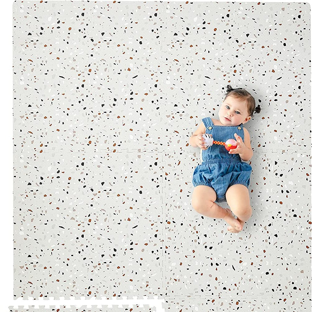 White Terrazzo Puzzle Play Mat Tiles - Stone Mosaic Design Floor Tiles for Kids Playroom, Nursery & Daycare (36-Piece Set)