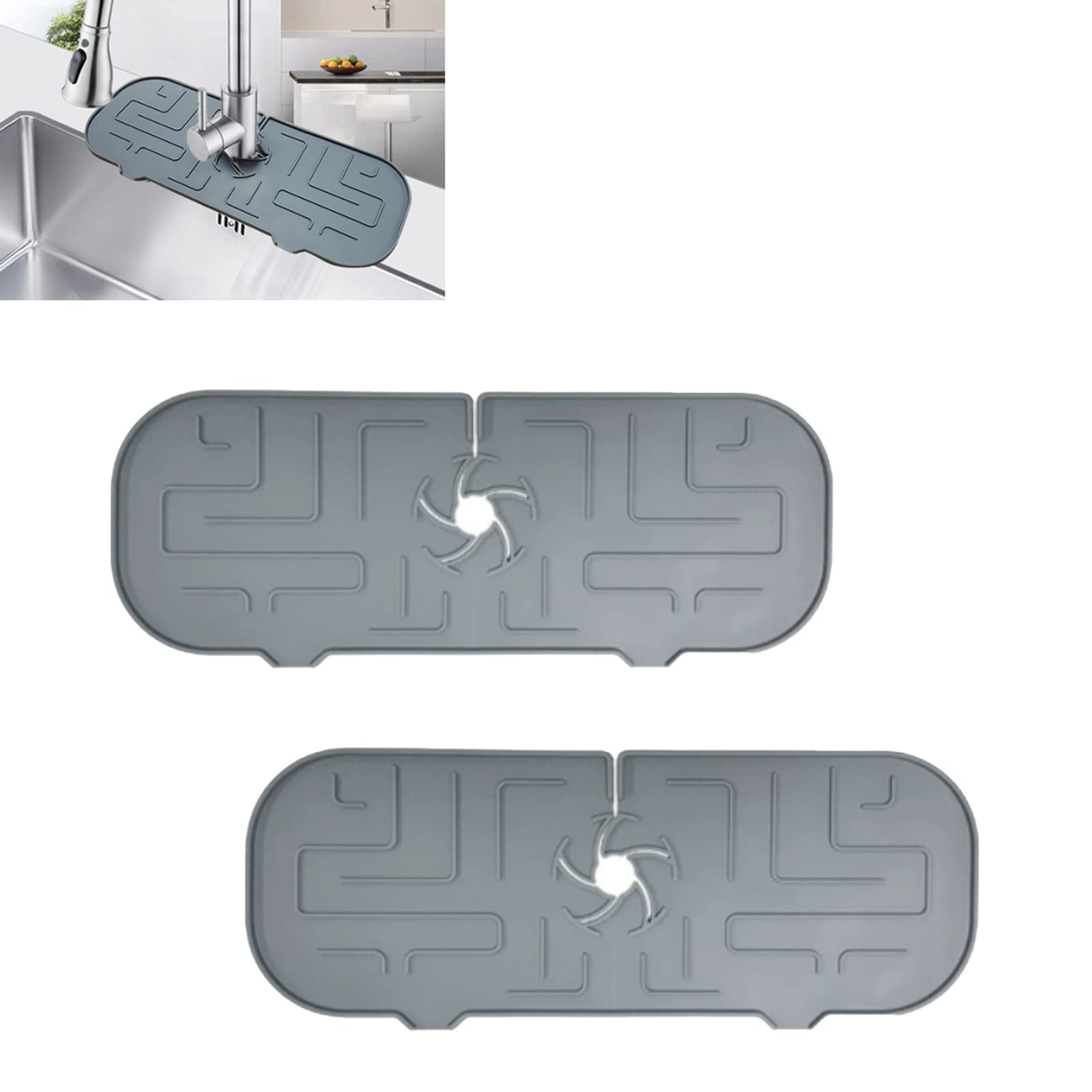 Non-Slip Silicone Faucet Mat - 2 Pack Gray Bathroom & Kitchen Sink Splash Guard | Water Catcher & Drip Protector for Countertops | Perfect for Spill Prevention Behind Faucets (Home & Commercial Use)