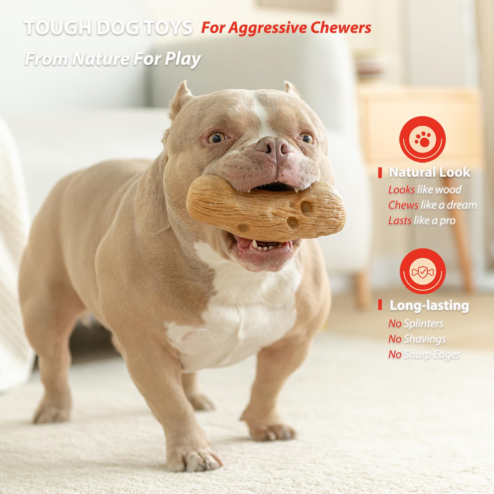 Willjoy 2-Pack Durable Pine Wood & Nylon Dog Chew Toys for Aggressive Chewers - Indestructible Bacon-Flavored Toys for Large Dogs to Keep Them Busy - Perfect for Playtime, Training & Anxiety Relief