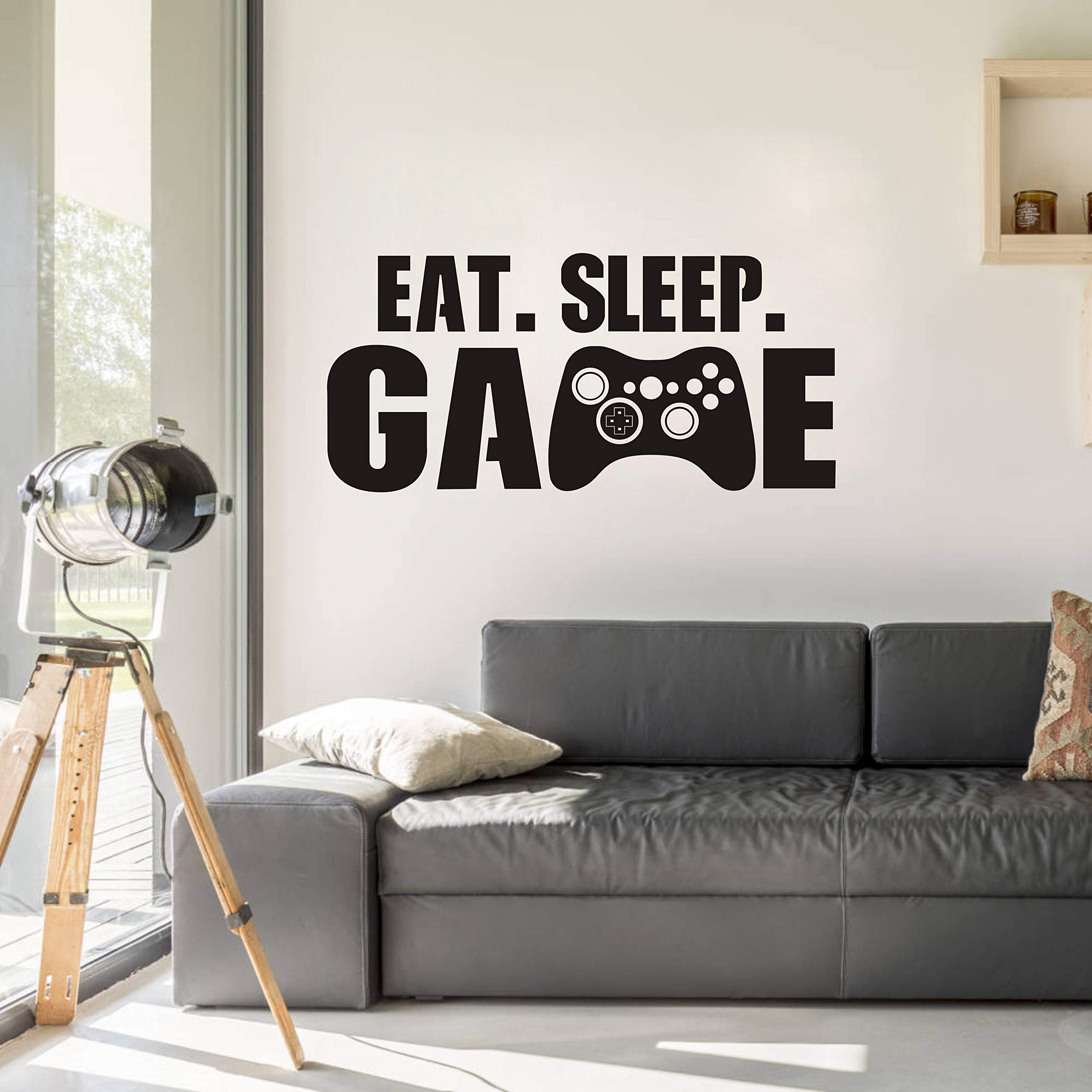 Eat Sleep Game Wall Decal - Gamer Controller Vinyl Wall Stickers for Kids Bedroom & Nursery Decor - Black Video Game Themed Wall Art - Perfect for Gaming Room, Teen Bedroom & Gamer Gifts