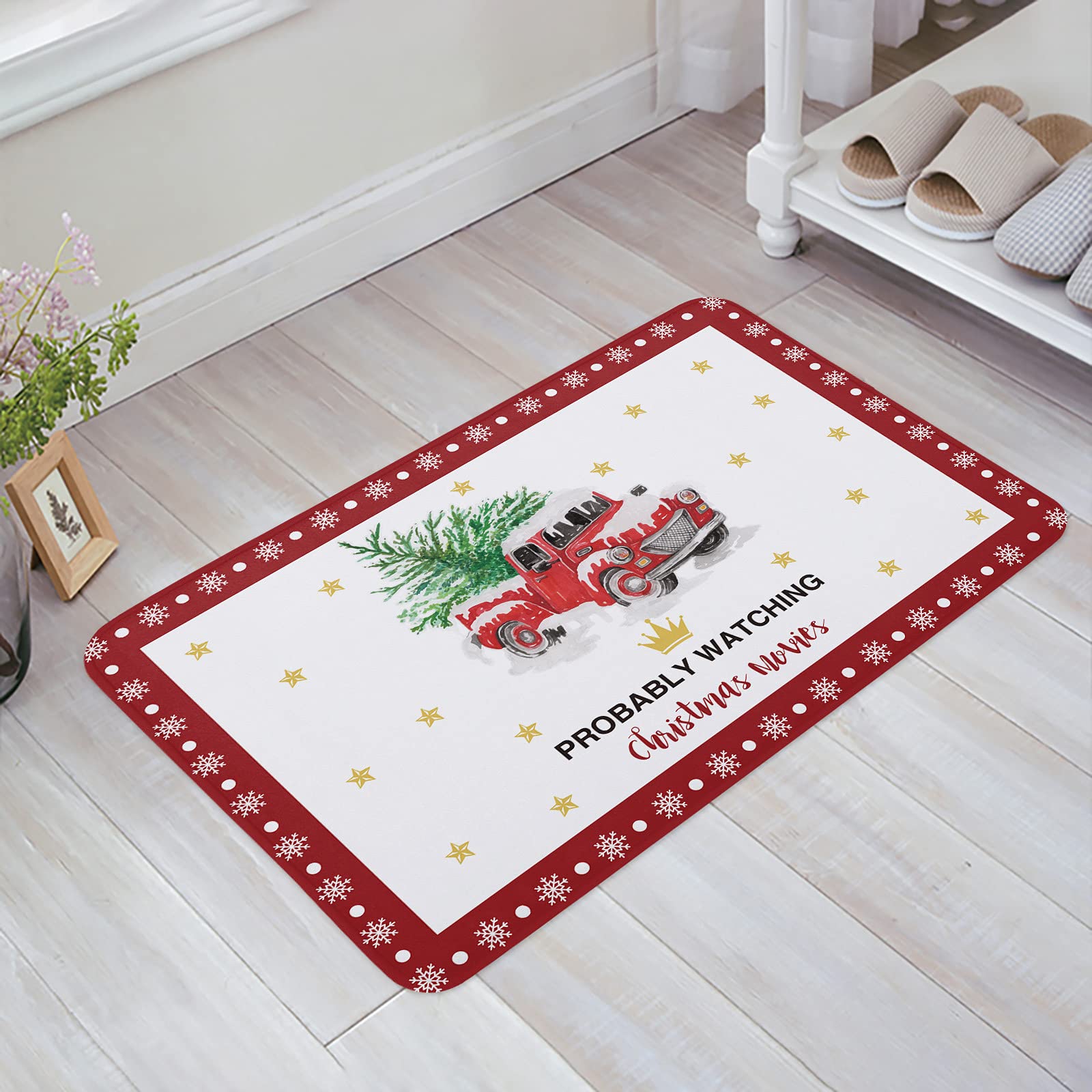 Vandarllin Christmas Tree Farm Truck Bath Mat - Non-Slip Soft Absorbent Bathroom Rug for Indoor Use, Kitchen Entrance & Floor Decor (23.6x15.7 Inch, Red White) - Perfect for Holiday Home Decor, Christmas Movie Nights & Festive Bathroom Accents