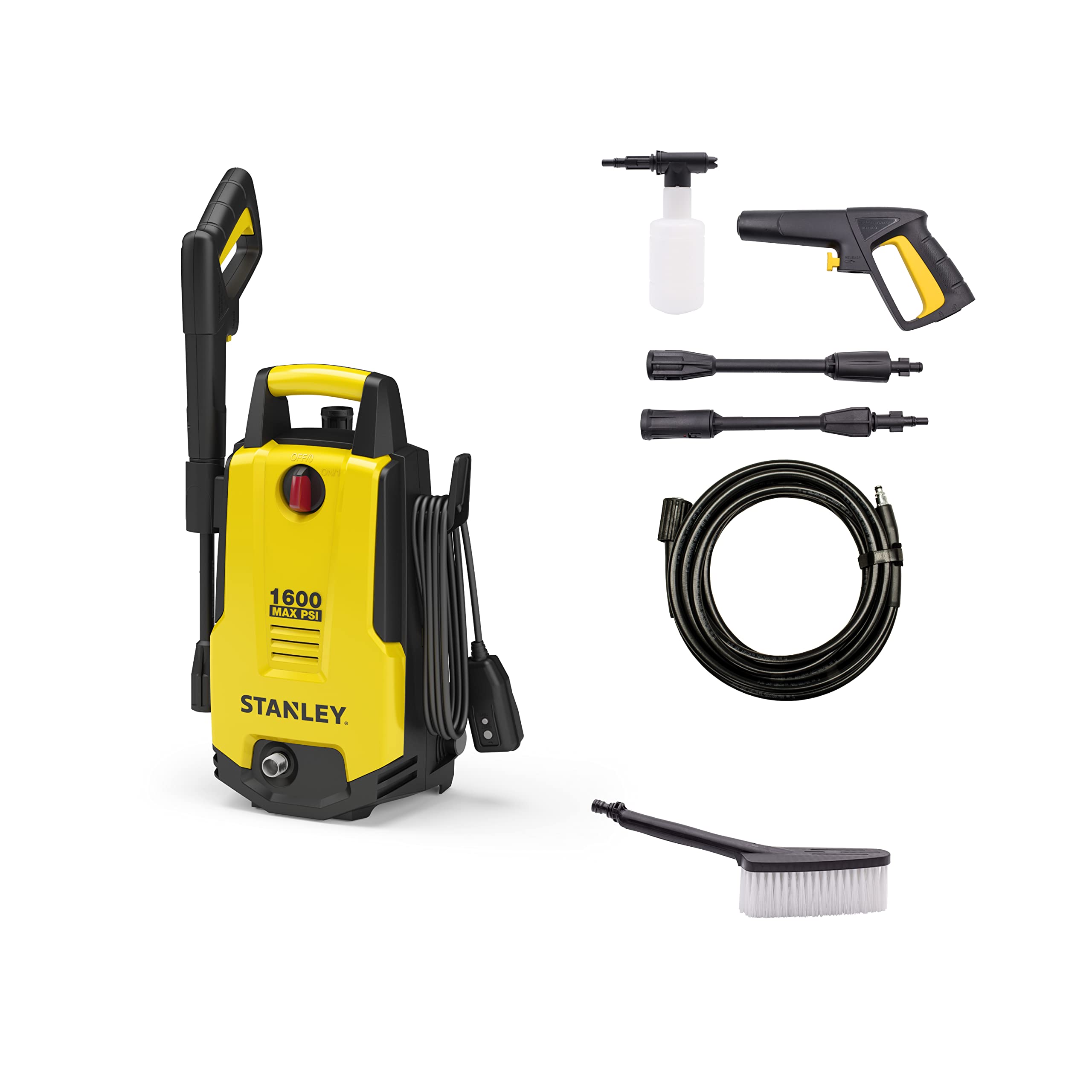 Stanley SHP1600-BNDBRS Electric Pressure Washer - 1600 PSI, 1.3 GPM with Fixed Cleaning Brush, Adapters & Trigger Gun | Heavy-Duty Cleaning for Driveways, Patios, Cars & Outdoor Surfaces | Includes 20' Hose & Low Pressure Brush (15 lbs)