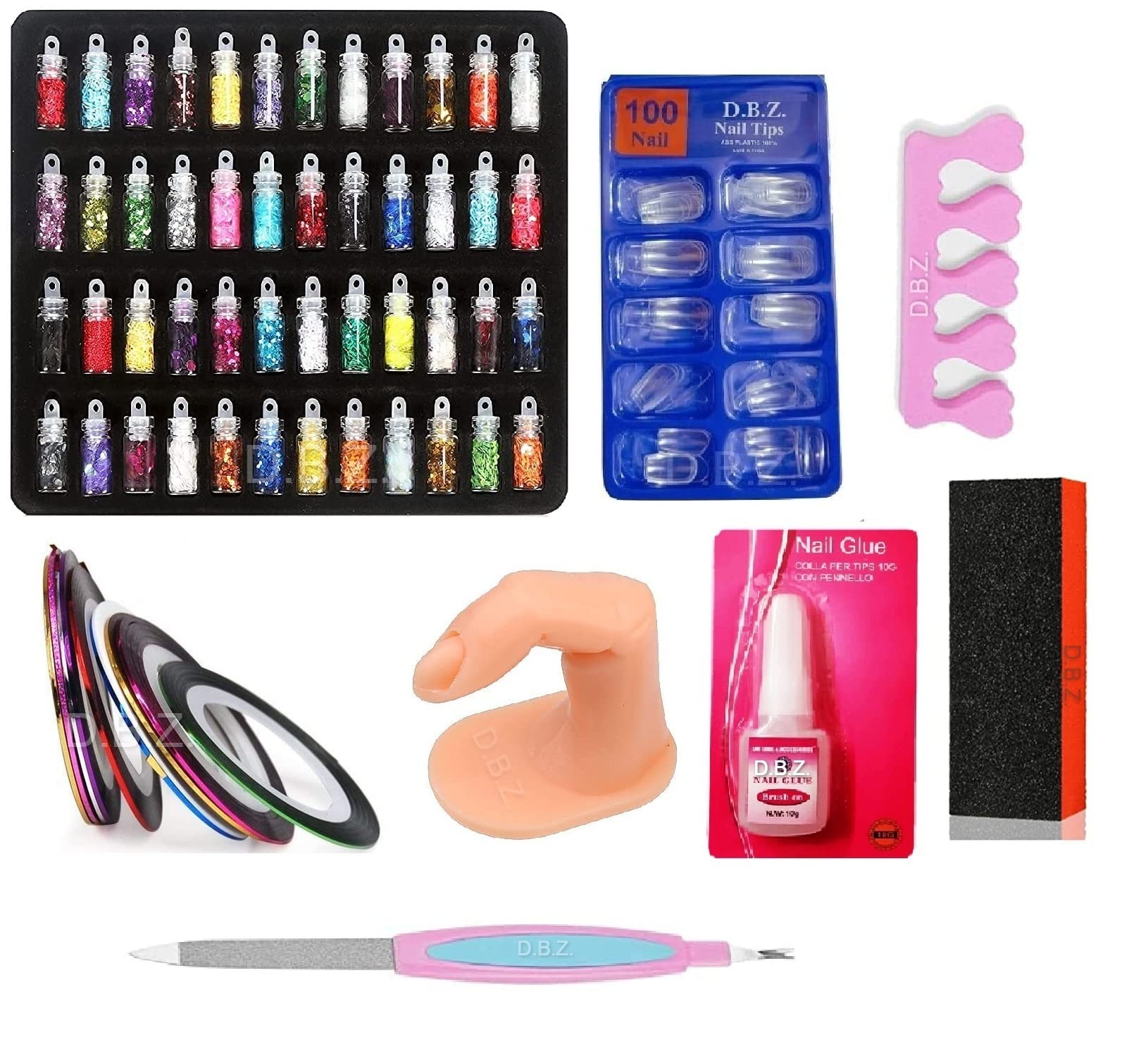 D.B.Z. ® 48-Piece Nail Art Kit with Multicolor Glitter, 100 Transparent Nails, 5 Nail Tapes, Practice Finger & Tools – Perfect for DIY Manicures, Salon Use & Nail Art Beginners