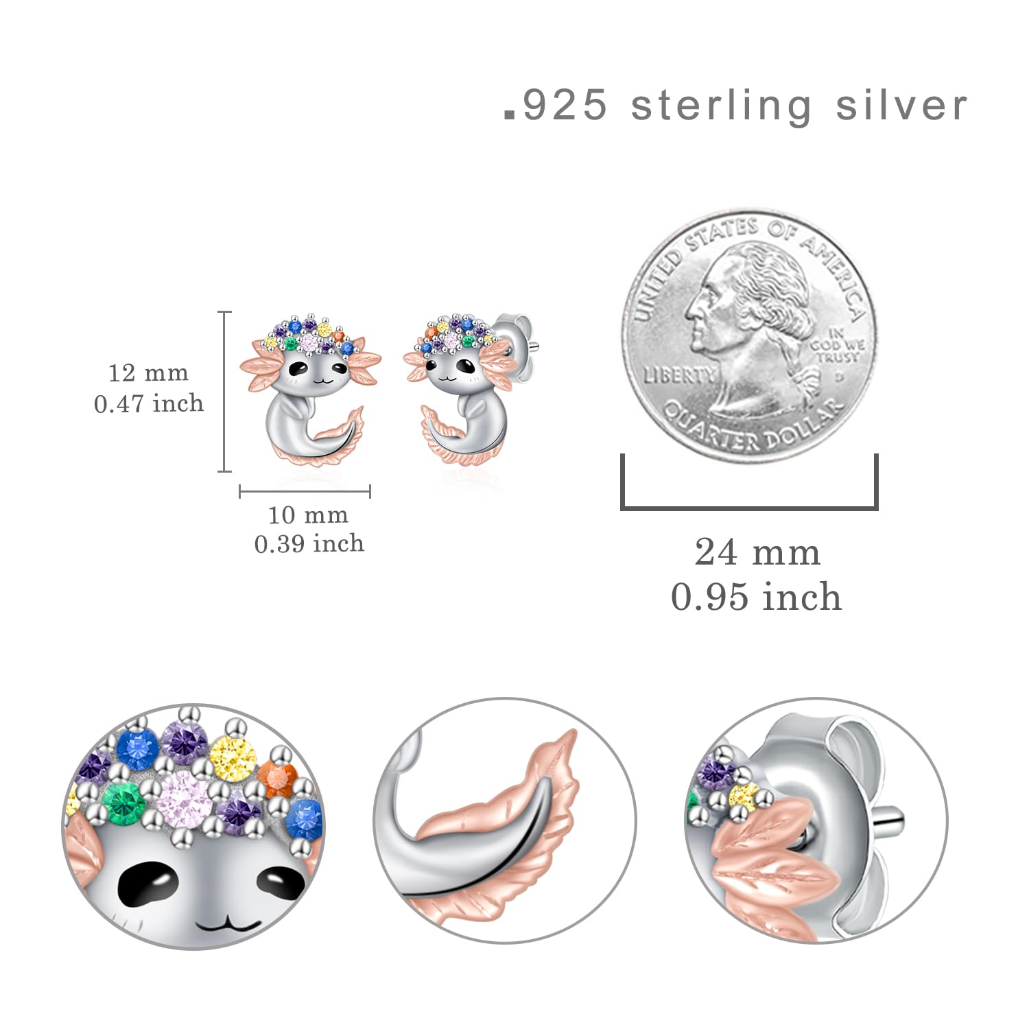 925 Sterling Silver Cute Animal Stud Earrings - Axolotl, Highland Cow, Panda & Giraffe Designs with Colored Zircon | Dainty Jewelry Gift for Women & Girls | Perfect for Everyday Wear, Birthdays & Special Occasions