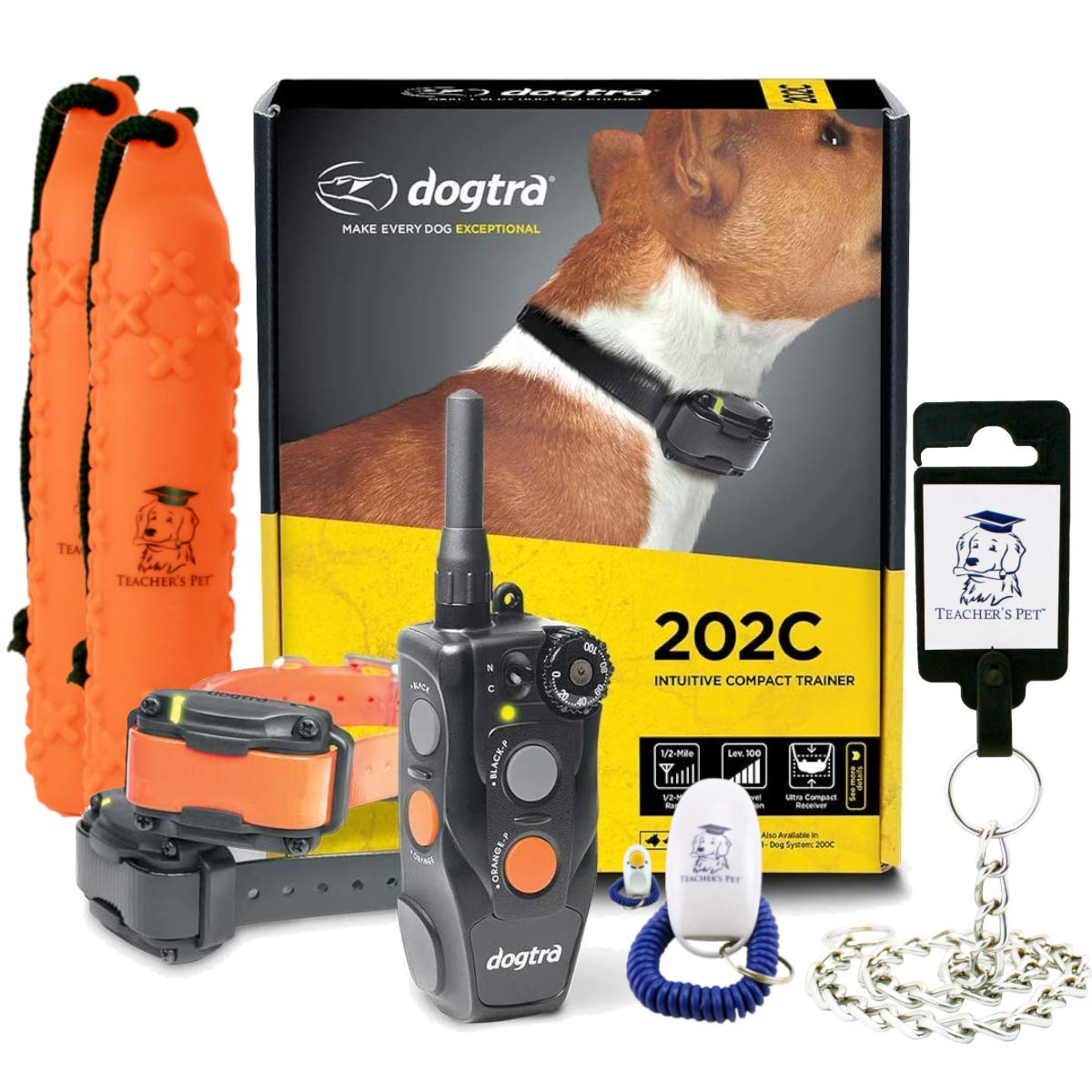 Waterproof Dogtra 202C Remote Training E-Collar - 1/2 Mile Range, One-Handed Operation for 2 Dogs | Includes Teacher's Pet Complete Kit with Clicker, Stainless Steel Lead & Hunting Dummy | Perfect for Obedience Training, Hunting & Outdoor Adventures