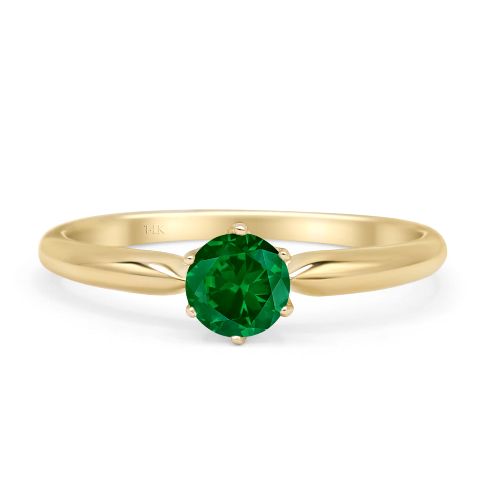 14K Yellow Gold Round Green Emerald CZ Solitaire Ring for Women - Elegant Birthstone Jewelry Gift for Engagement, Anniversary & Special Occasions