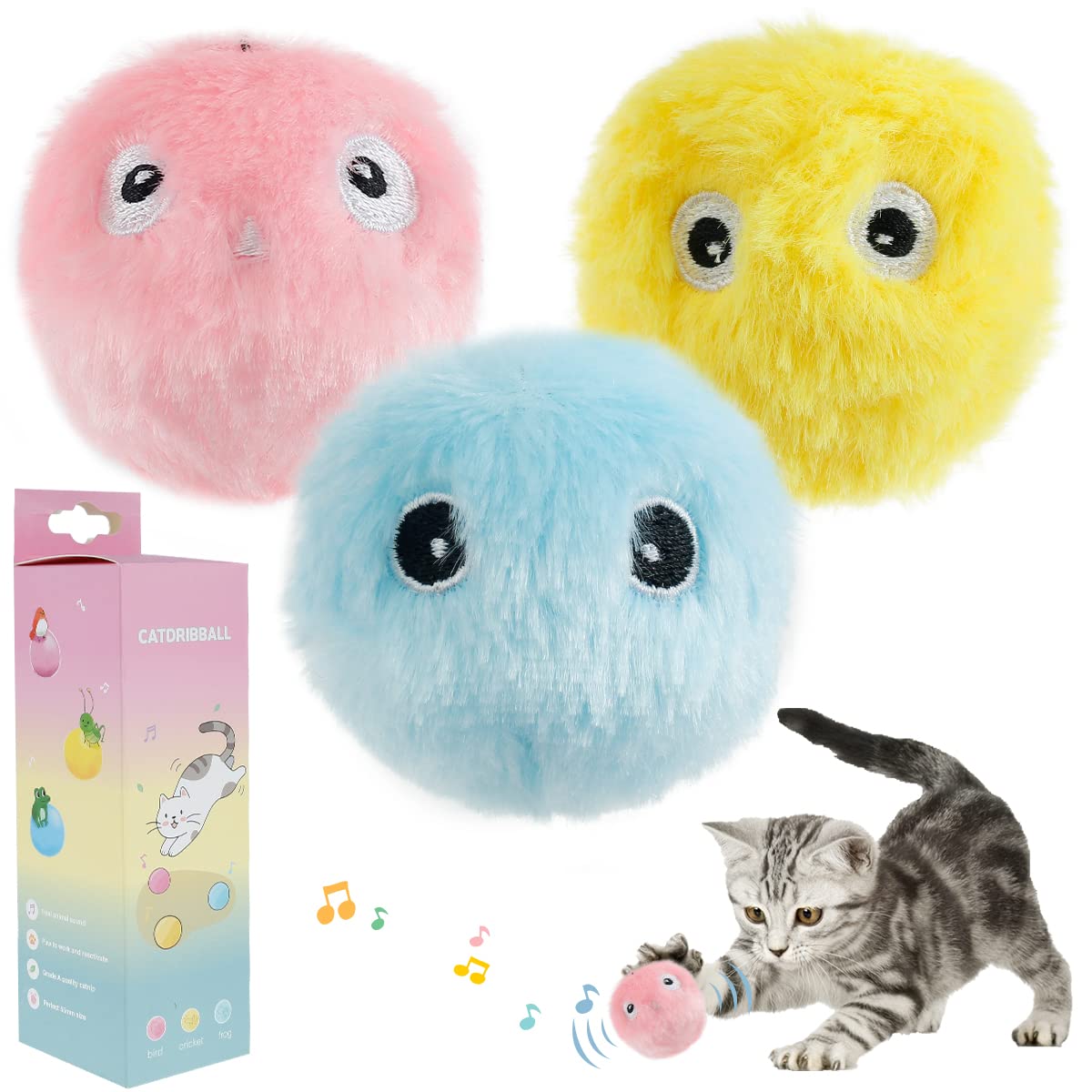 3pcs Interactive Cat Toys with Squeaky Fluffy Plush Balls, Smart Trigger & Real Animal Sounds - Battery Operated Catnip Toys for Indoor Play, Exercise & Mental Stimulation (Perfect for Home Use & Kitty Entertainment)