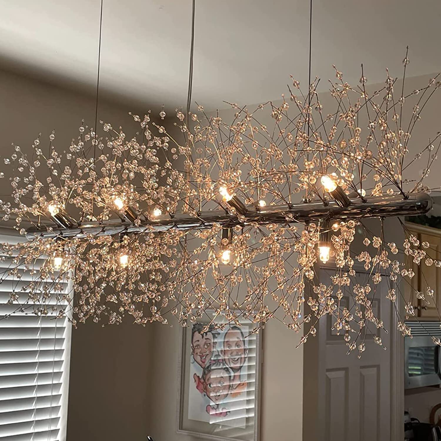 Modern Crystal Firework Chandelier - 12-Light LED Linear Dandelion Pendant Light Fixture in Chrome (35.5