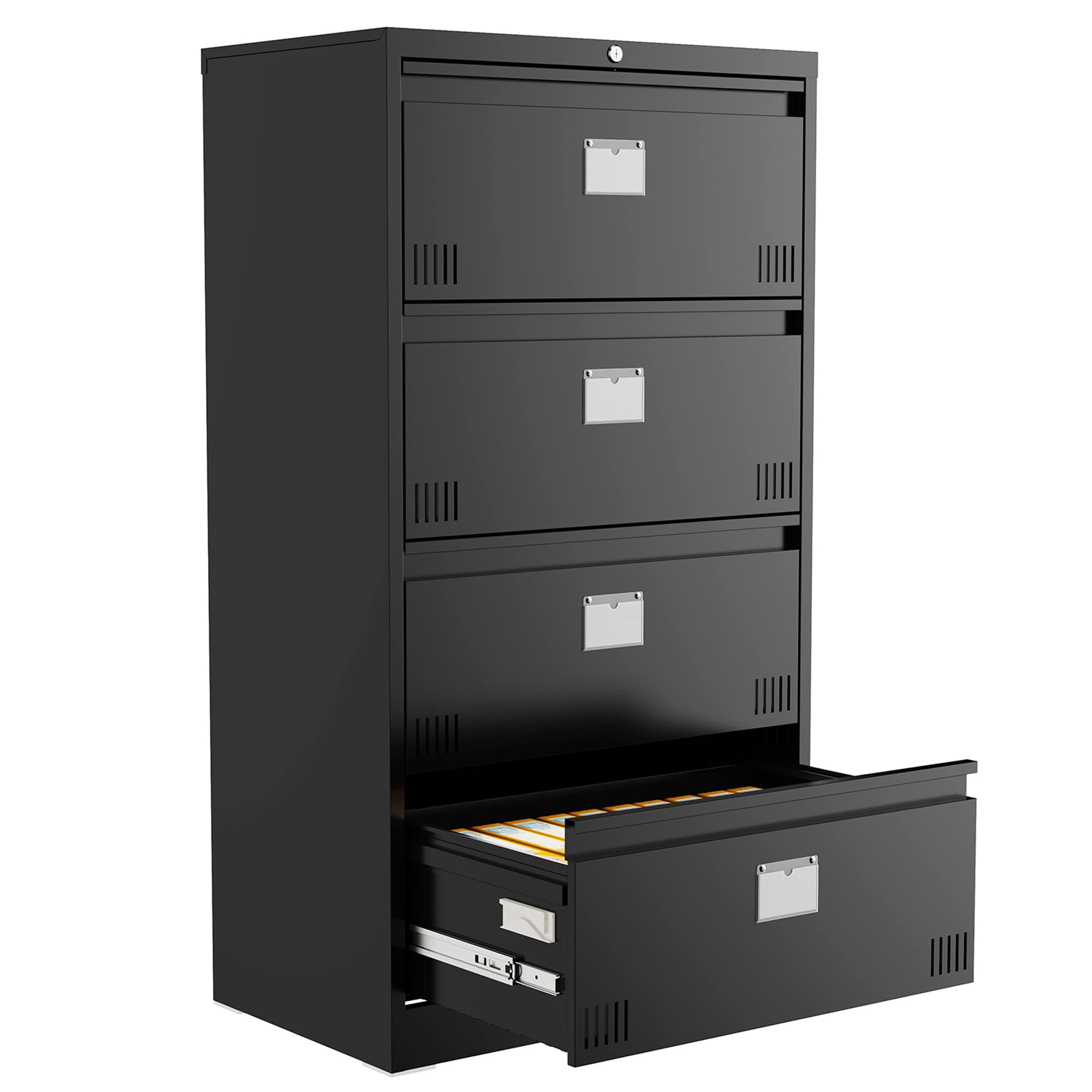 Lockable 4-Drawer Metal File Cabinet - Black Horizontal Storage for Office & Home Documents | Secure Filing Cabinet for Legal, Financial & Personal Files