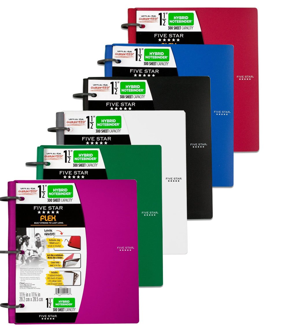 Five Star Flex NoteBinder - 1.5 Inch 3-Ring Binder with Notebook, 11.5 x 11.25 Inches, 6 Pack Assorted Colors - Perfect for School, Office & College Organization, Note Taking & Document Storage