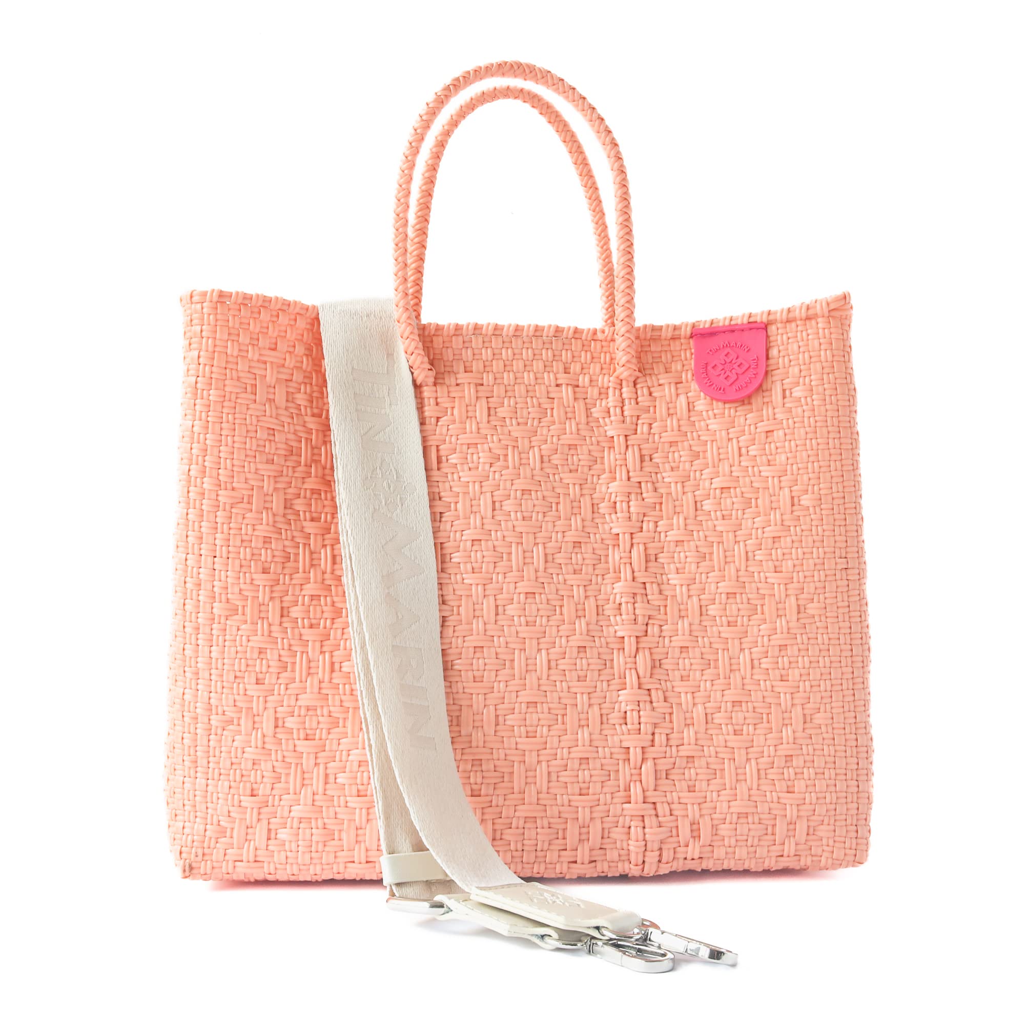 Canarias Medium Woven Crossbody Bag - Detachable Mesh Pouch, Orange Coral Beach Bag, Recycled Plastic Purse | Mexican Woven Handbag for Women | Perfect for Beach Vacations, Resort Wear & Summer Outings