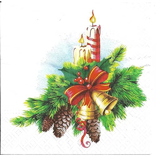 AM Décor Holiday Dinner Party Paper Napkins - 20-Count Bells and Candles Design for Christmas, Thanksgiving & Special Occasions | Elegant Table Setting & Decoupage Decor