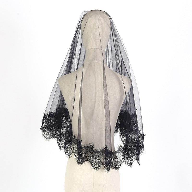 Halloween Ghost Bridal Veil Headpiece - Black Short Lace Wedding Accessory for Costume Parties, Haunted House Events & Spooky Photo Shoots