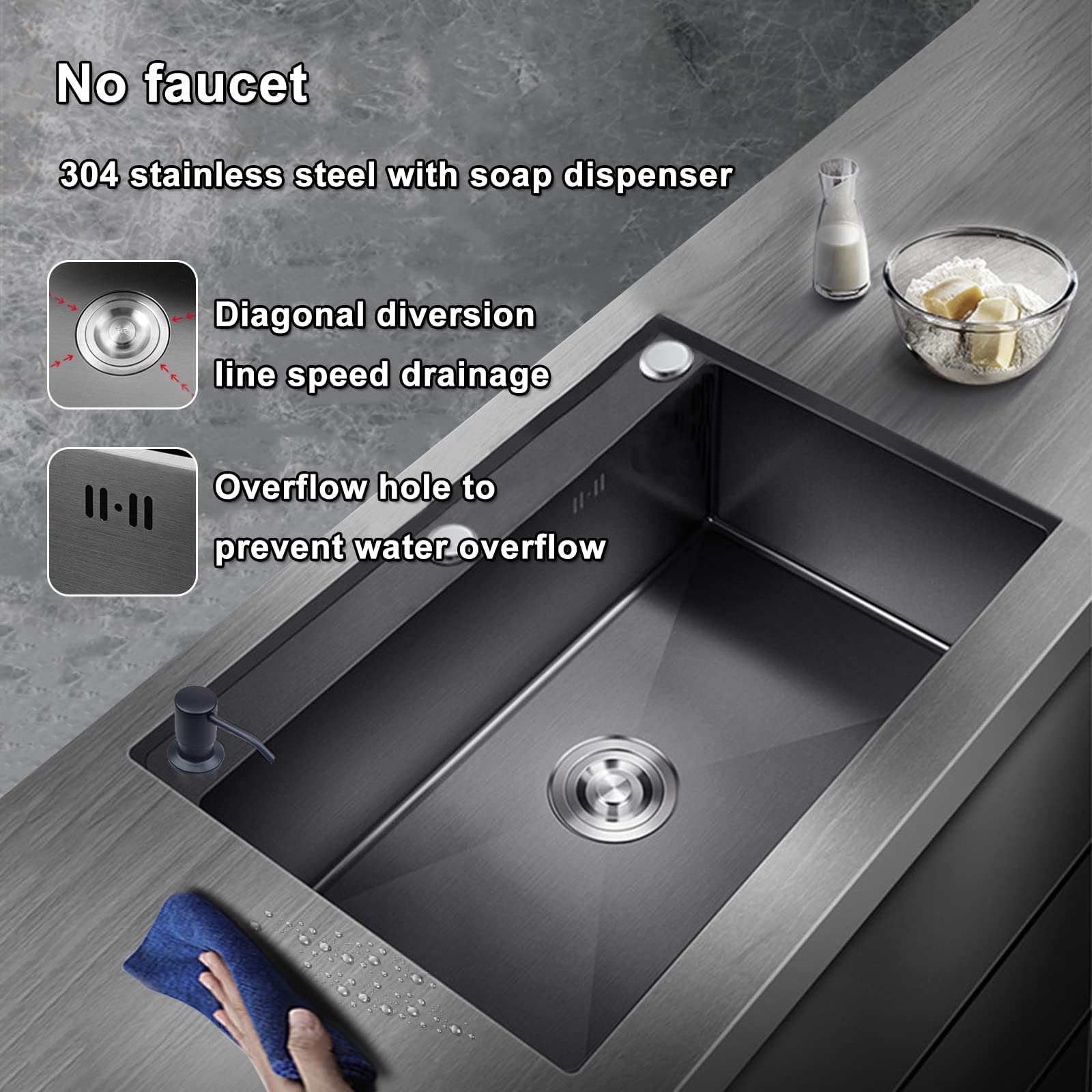 Premium 304 Stainless Steel Undermount Single Bowl Kitchen Sink with Faucet - Large Capacity, Thick Nano Black Finish for Home Use - Perfect for Meal Prep, Dishwashing & Modern Kitchen Design