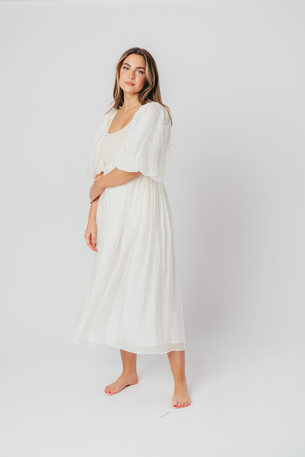 Raina Women's Maternity Midi Dress with Puff Sleeves - Bump Friendly Flowy Dress in Natural for Pregnancy, Nursing & Special Occasions