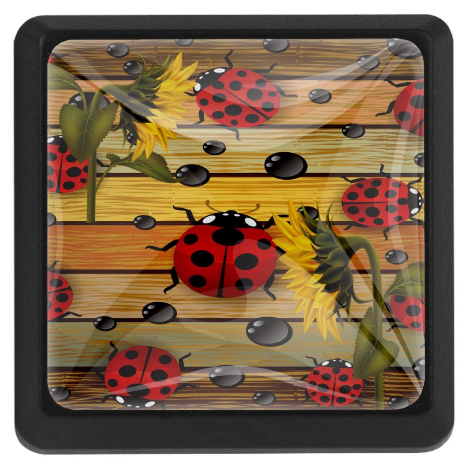 3 Pack Square Kitchen Cabinet Knobs - Sunflower & Ladybug Wooden Drawer Pulls for Dresser, Wardrobe, and Furniture (Perfect for Farmhouse, Cottage, and Kids Room Decor)