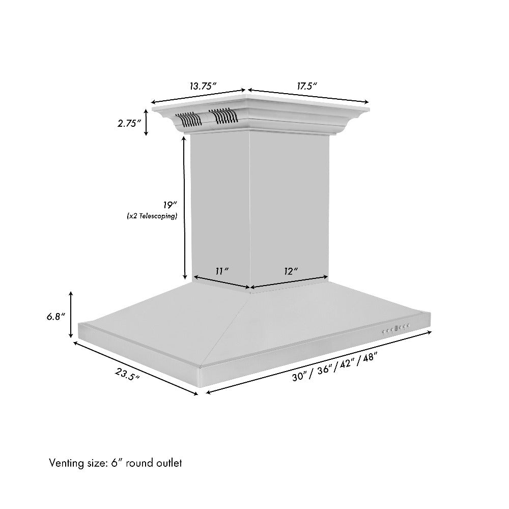 ZLINE GL2iCRN BT Stainless Steel Island Mount Range Hood with Built-in CrownSound Bluetooth Speakers - Premium Kitchen Ventilation for Modern Homes, Perfect for Cooking & Entertaining
