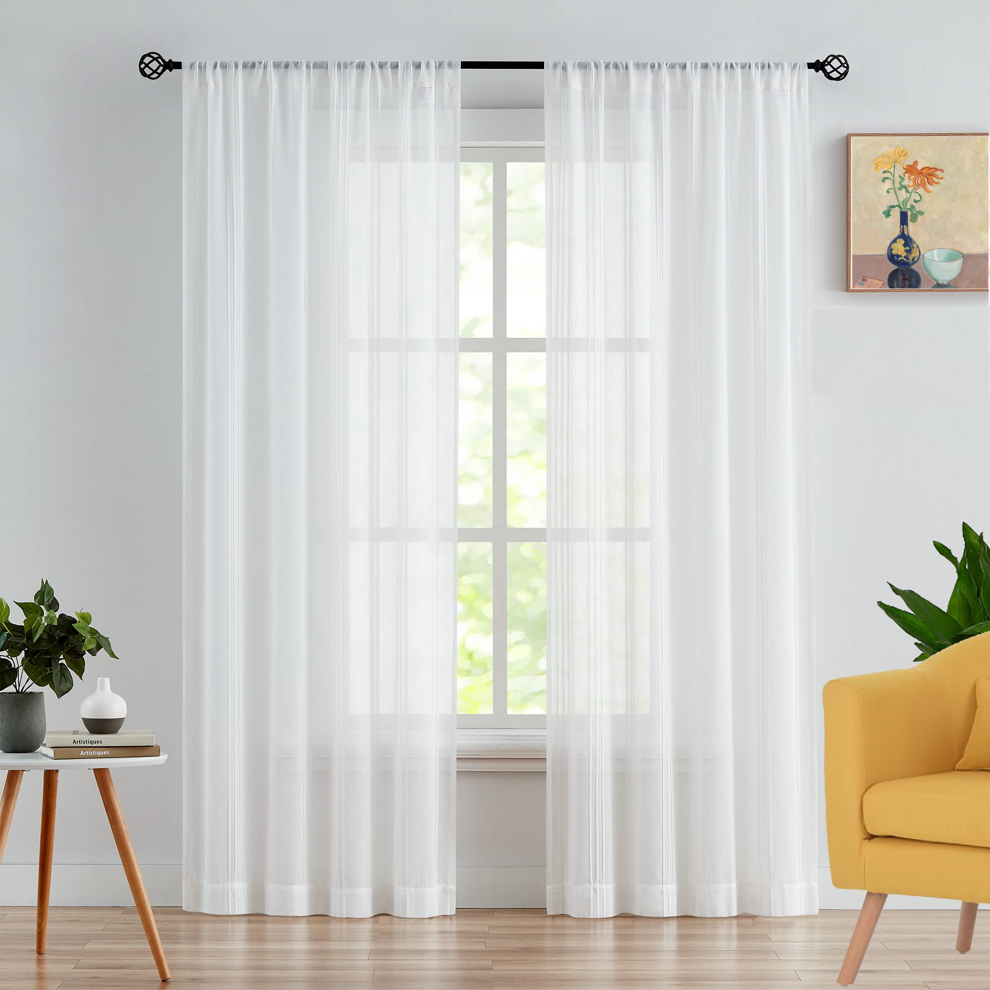 Rod Pocket Window Curtains Panels - White Sheer Linen Privacy Drapes with Elegant Vertical Stripes, Extra Long 108