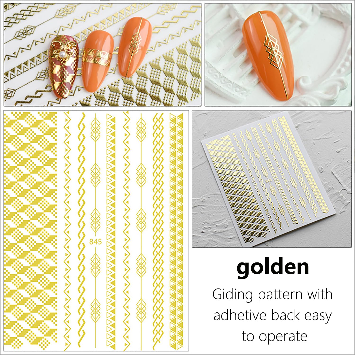 SILPECWEE 14 Sheets Gold Nail Stickers - French Line Metallic Curve Strip Nail Decals, Self-Adhesive Nail Art Stickers for Women & Kids, 3D Nail Design Decorations - Perfect for Parties, Weddings, and Special Occasions