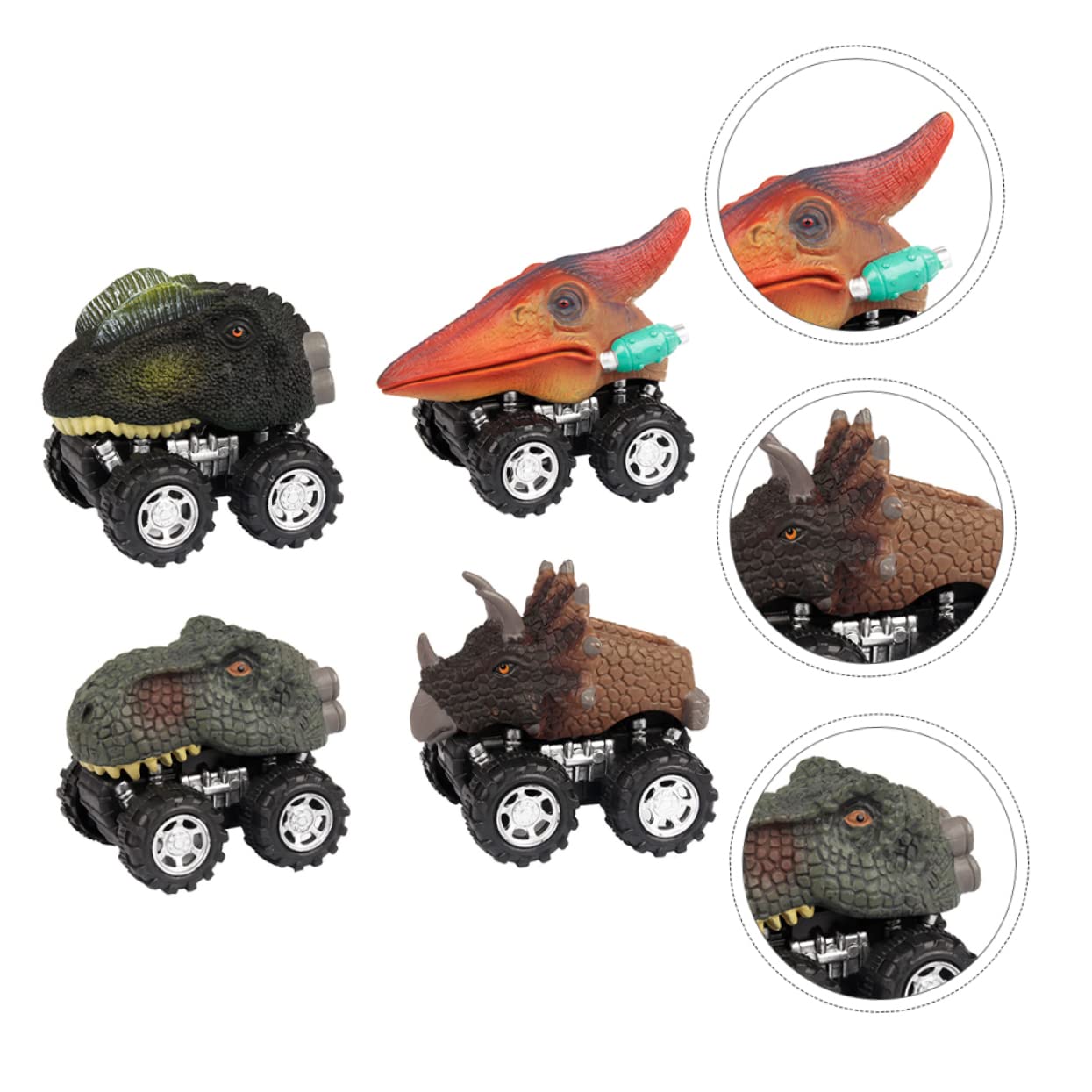 SKISUNO 4-Pack Dinosaur Pull Back Toy Cars - Cartoon Dinosaur Shaped Vehicles for Kids, Fun Plastic Dino Toys for Boys & Girls - Perfect for Birthday Gifts, Party Favors and Pretend Play