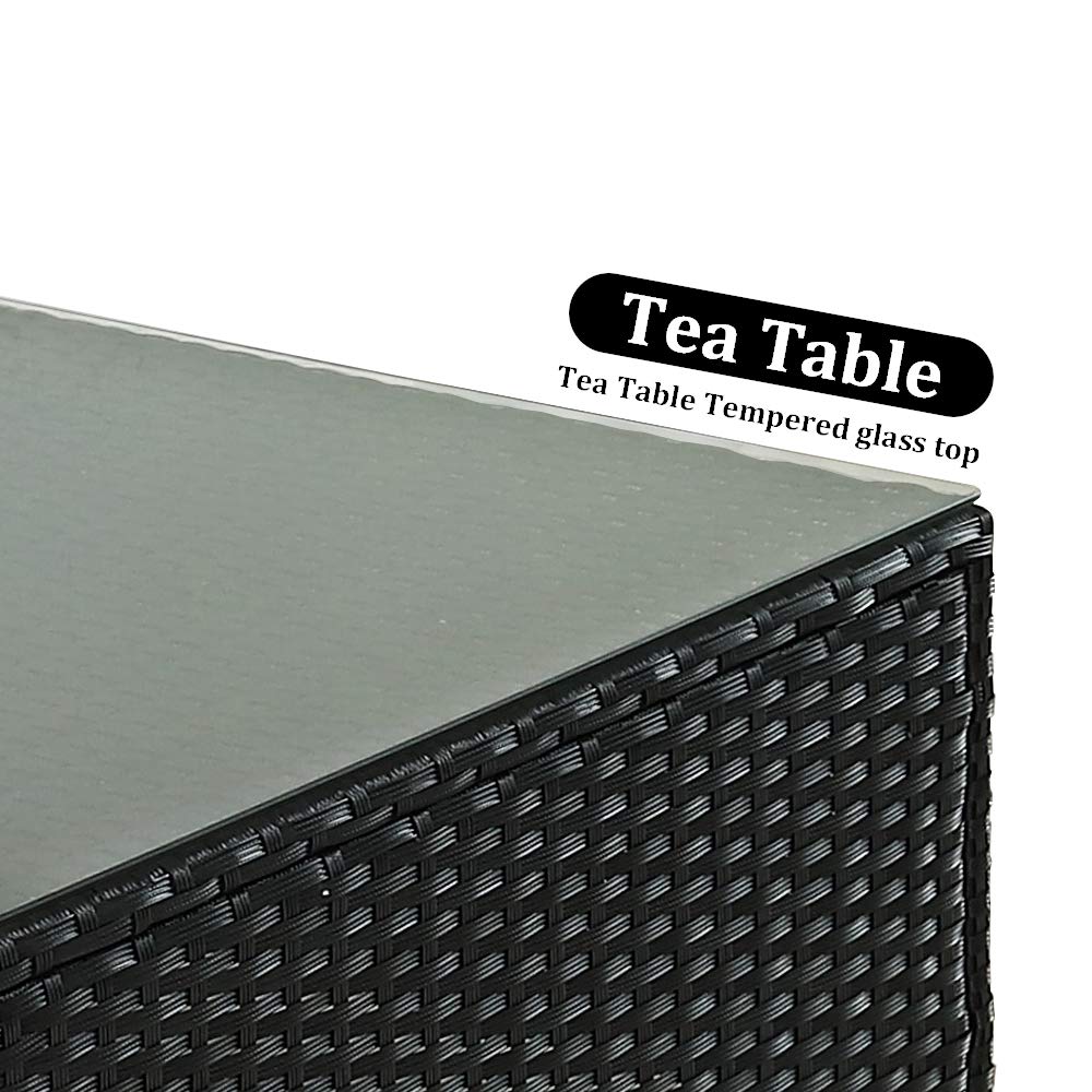 Black PE Wicker Patio Side Table with Glass Top - Rattan Coffee Table & Sofa End Table for Outdoor Living, Garden Party, and Poolside Relaxation