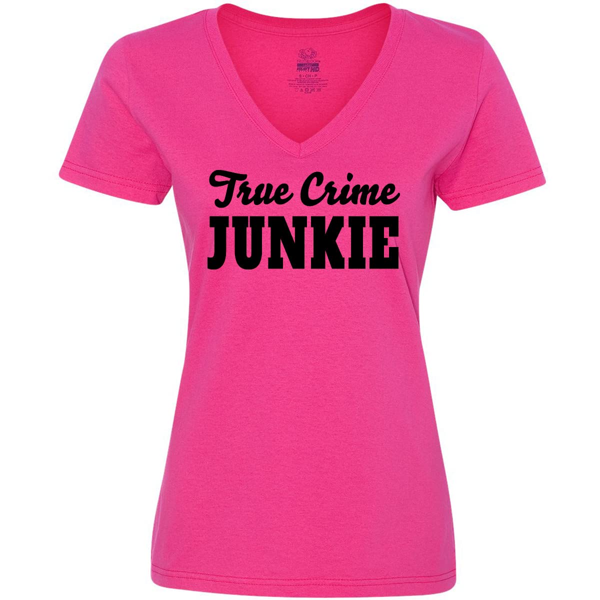 Inktastic True Crime Junkie Black Text Women's V-Neck T-Shirt | Funny Graphic Tee for True Crime Fans | Perfect for Casual Wear, Netflix Binges & Crime Podcast Lovers