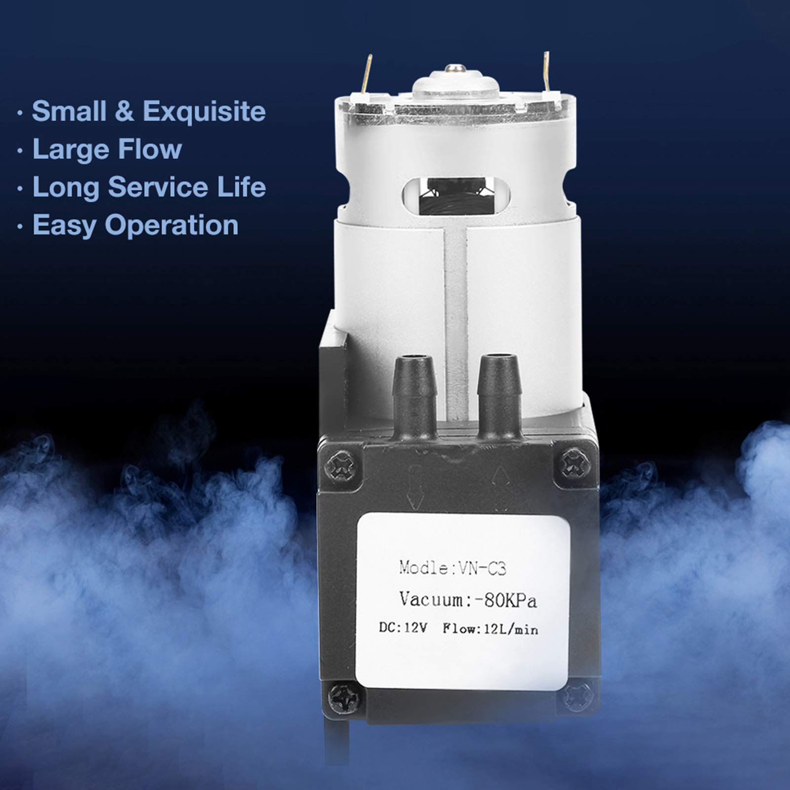 12W Mini Oilless Vacuum Pump, DC12V Constant Pressure Diaphragm Pump 80KPa 12L/min Flow - Ideal for Lab Experiments, Medical Devices & Gas Transfer Applications