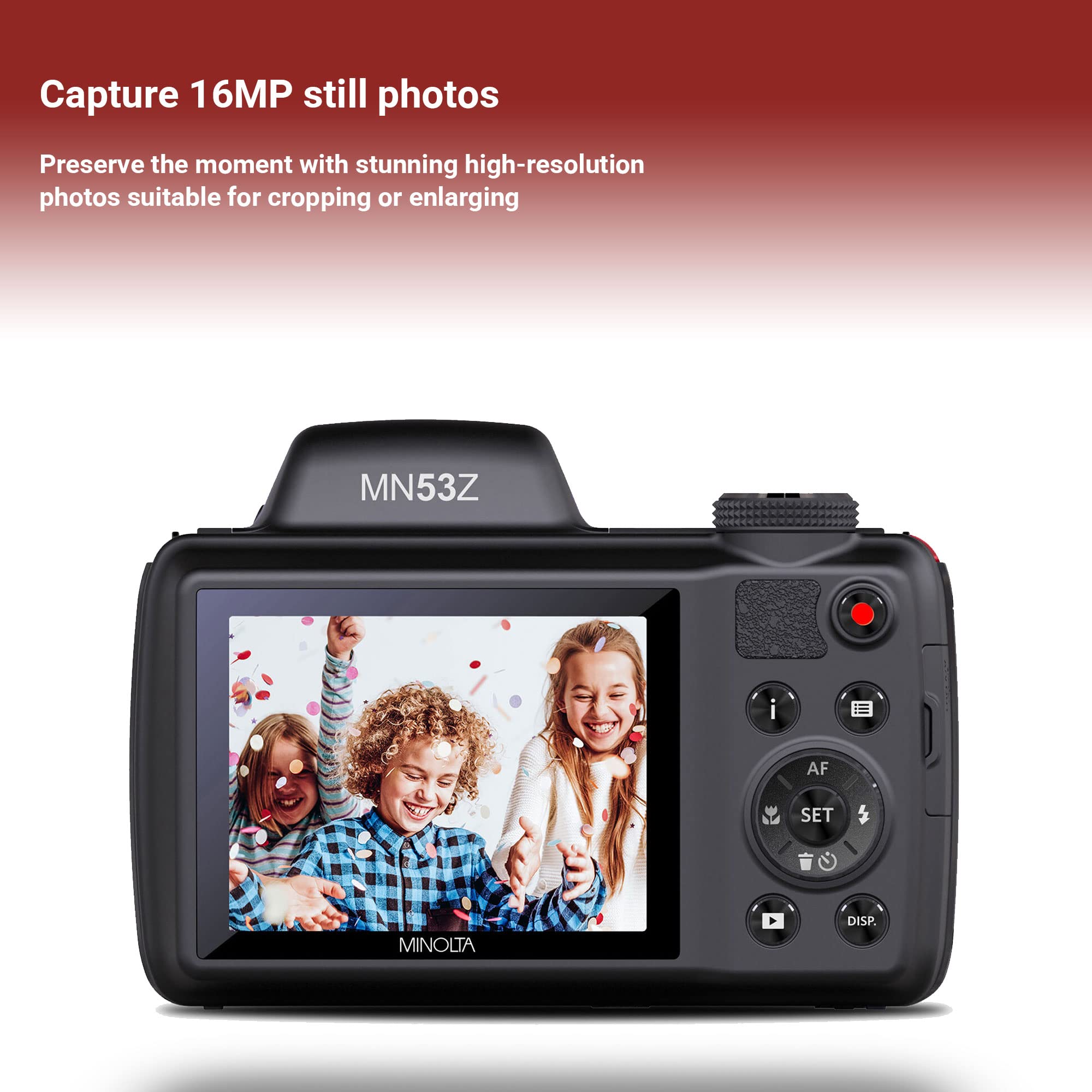 Minolta MN53 Digital Camera (Red) - 32GB SD Card, Tripod & Accessories Kit Included - Compact Travel Camera for Vlogging, YouTube Videos, Family Events & Outdoor Photography - Ideal for Vacations, Parties, Content Creation & Social Media