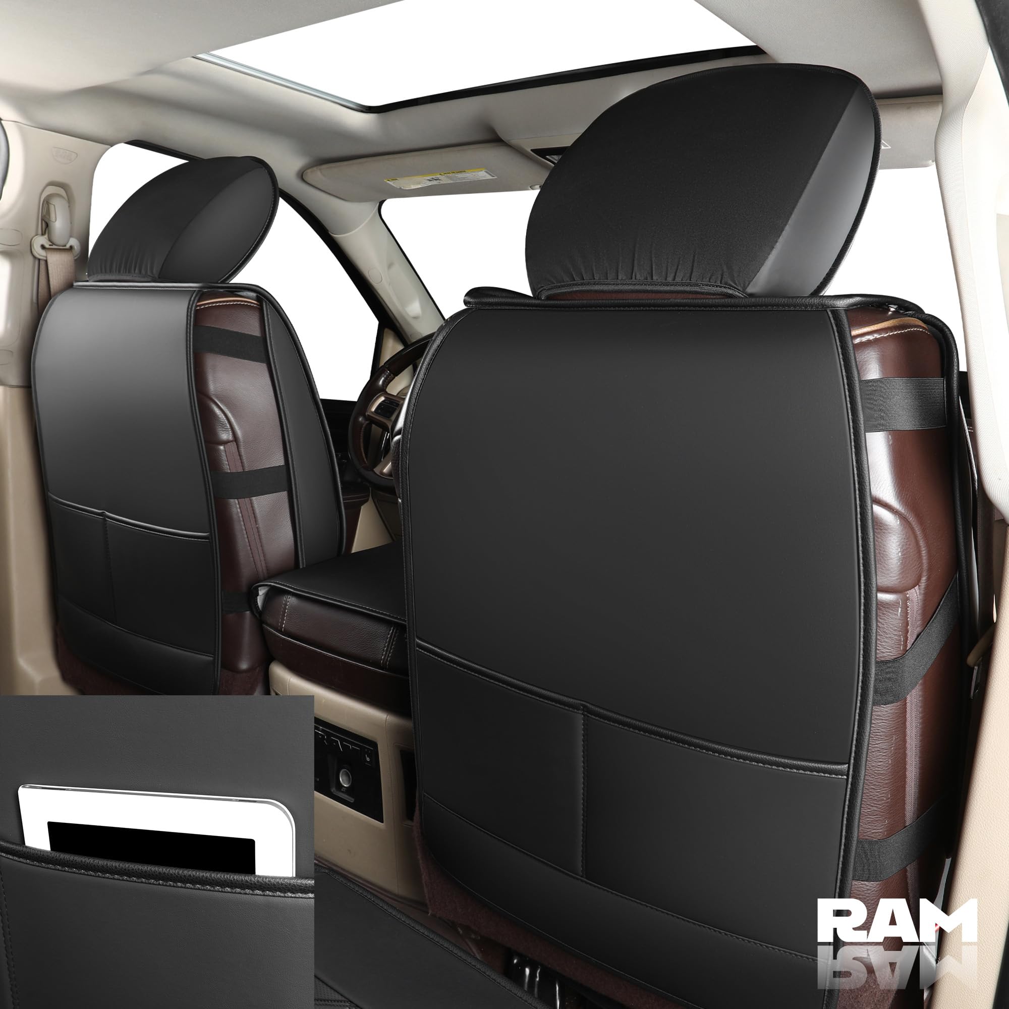 Premium RAM Truck Seat Covers (2019-2024 Models & Select 2002-2017) - Universal Fit for 1500/2500/3500 Crew/Quad/Regular/Mega Cab - Black Flat Rear Design with Comfort Cushion - Perfect for Road Trips, Work Commutes & Off-Road Adventures