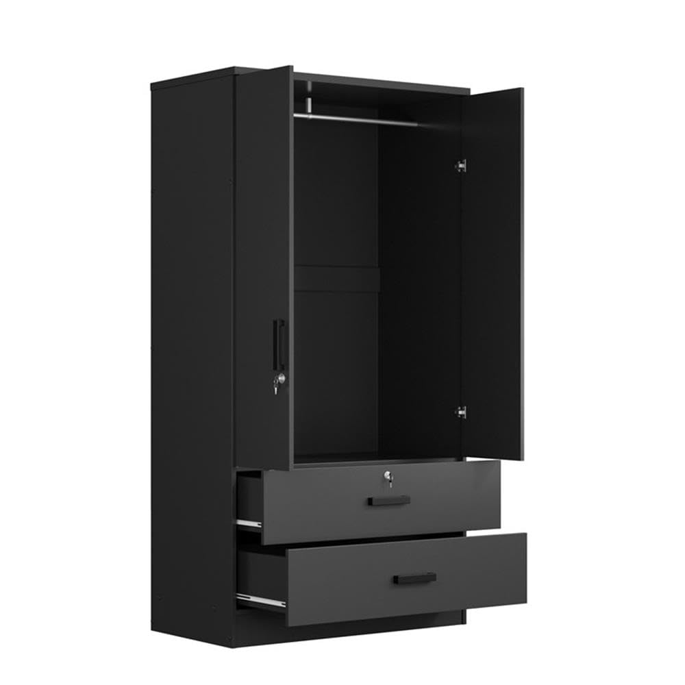 Better Home Products Grace Wood 2-Door Wardrobe Armoire with 2 Drawers - Black Wooden Closet for Bedroom Storage & Organization