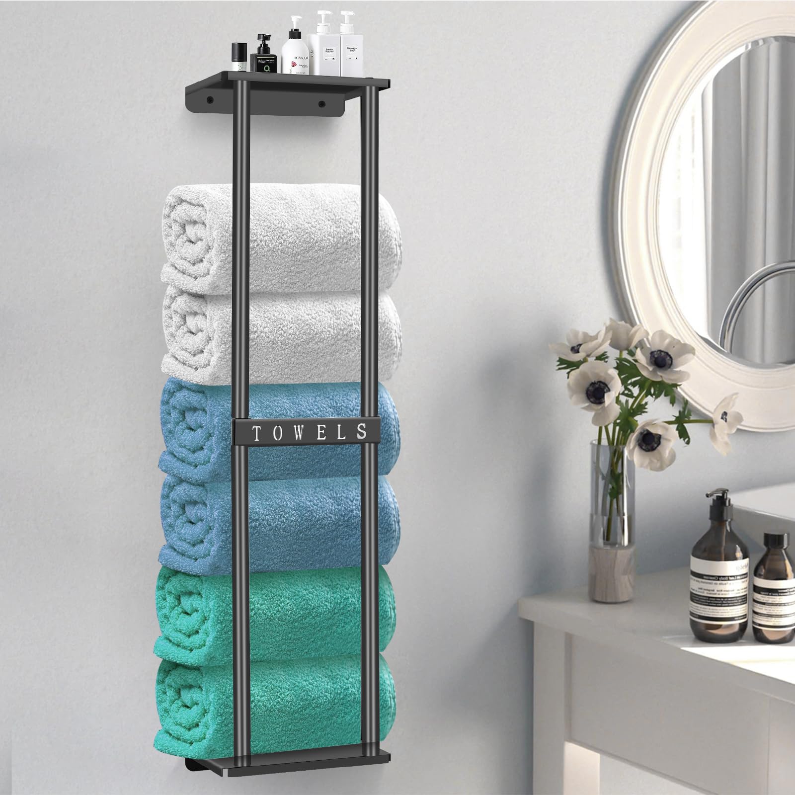 30 Inch Wall Mounted Bathroom Towel Rack with Shelf - Holds 6 Large Rolled Towels, Space Saving Black Towel Holder for Bath, Spa & Laundry Room Organization