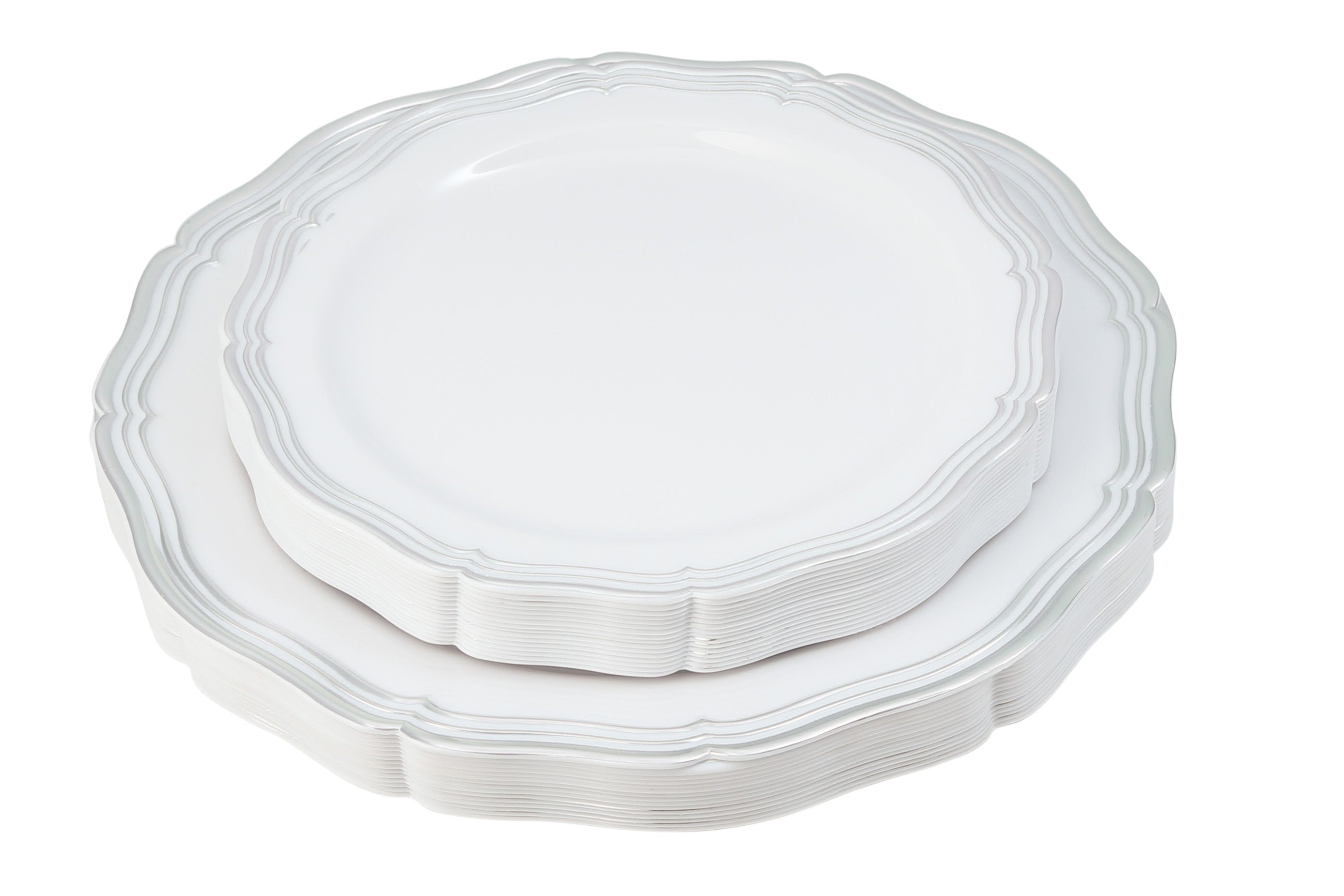 100-Piece White & Silver Round Plastic Dinnerware Set with Silverware - 20 Place Settings - Elegant Disposable Tableware for Parties, Weddings, and Events - Aristocrat Brand