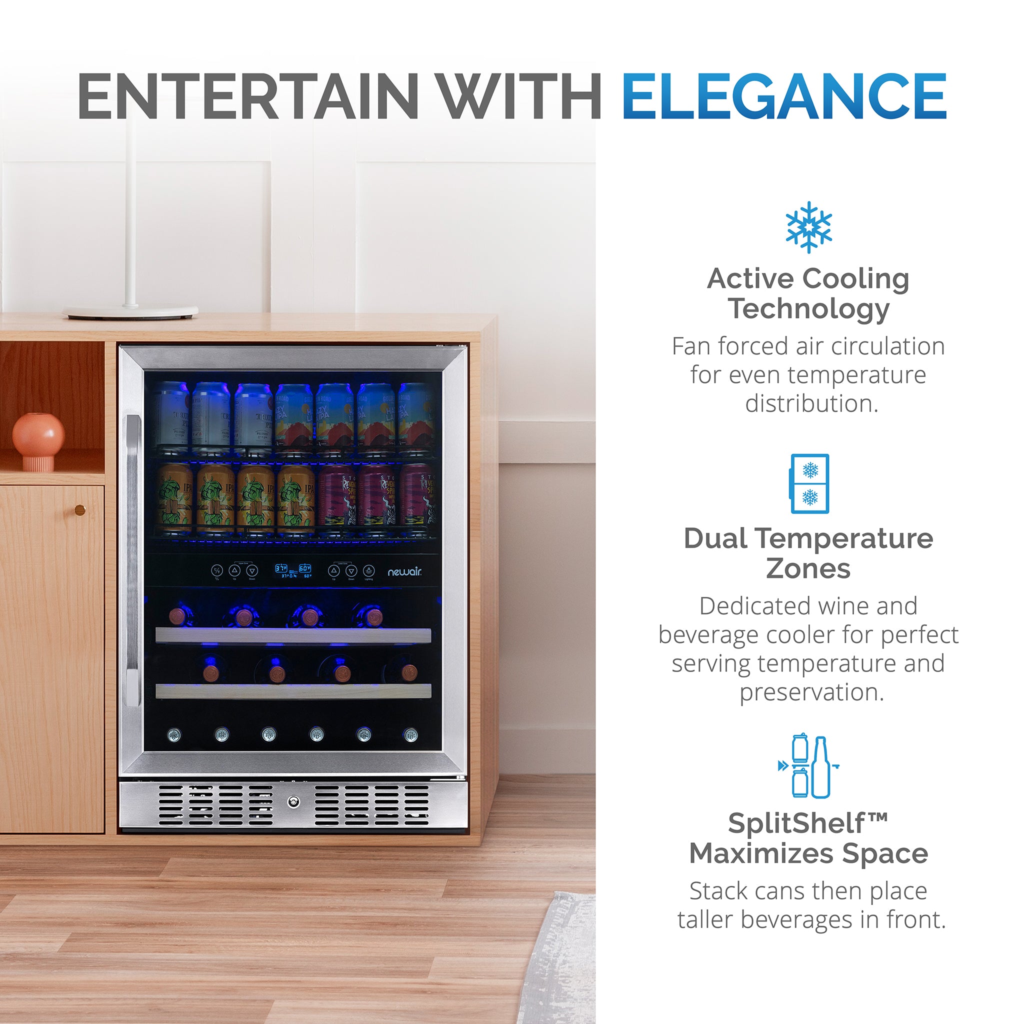 Newair® 70 Can 20 Bottle Dual Zone Beverage Refrigerator - Built-in Wine Cooler & Beer Fridge for Home Bar, Kitchen, or Office Use